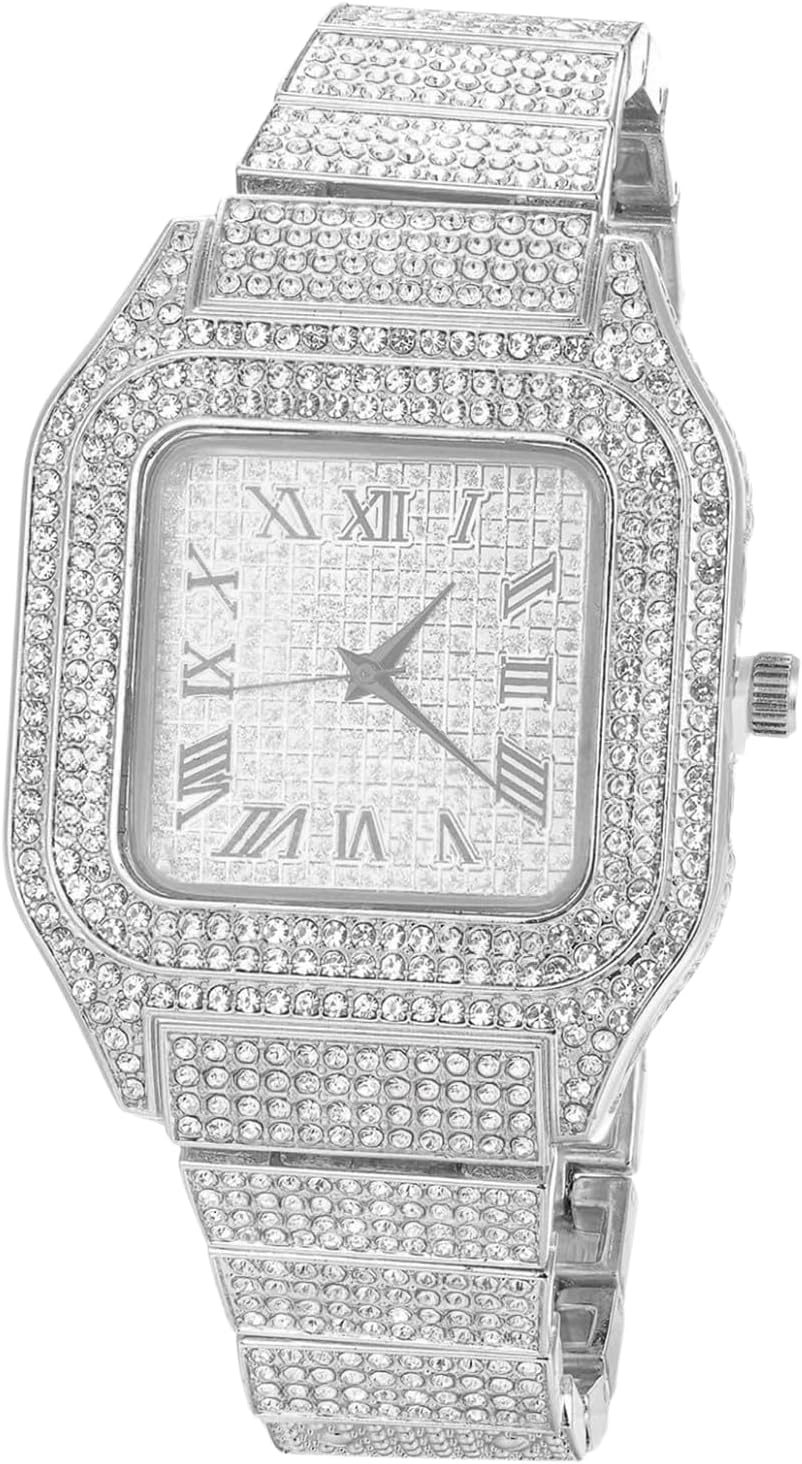 Diamond Watch for Men Guys Iced Out 20MM Wide Wristband White Gold Platinum Plated, with 8"+18" Chains Bracelet or Necklace Set Optional, Gift for Boyfriend Husband