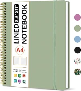Taja Green Spiral Lined Notebook 8.5x11 A4 College Ruled Journal - 100gsm No-Bleed Paper, Waterproof Plastic Cover for Work School Writing