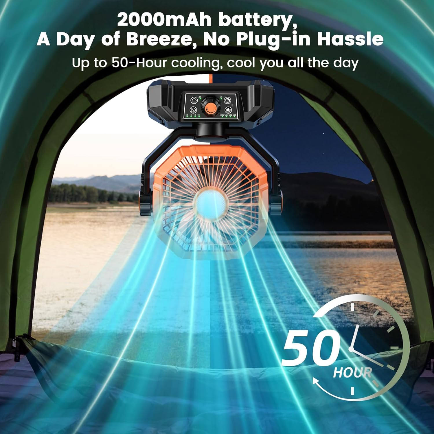 Rechargeable Camping Fan with 20000mAh Battery, 8-Speed Stepless Control, Remote, Auto Oscillating, Dual LED Light & Timer, Hanging Hook for Tent, Beach, Power Outage