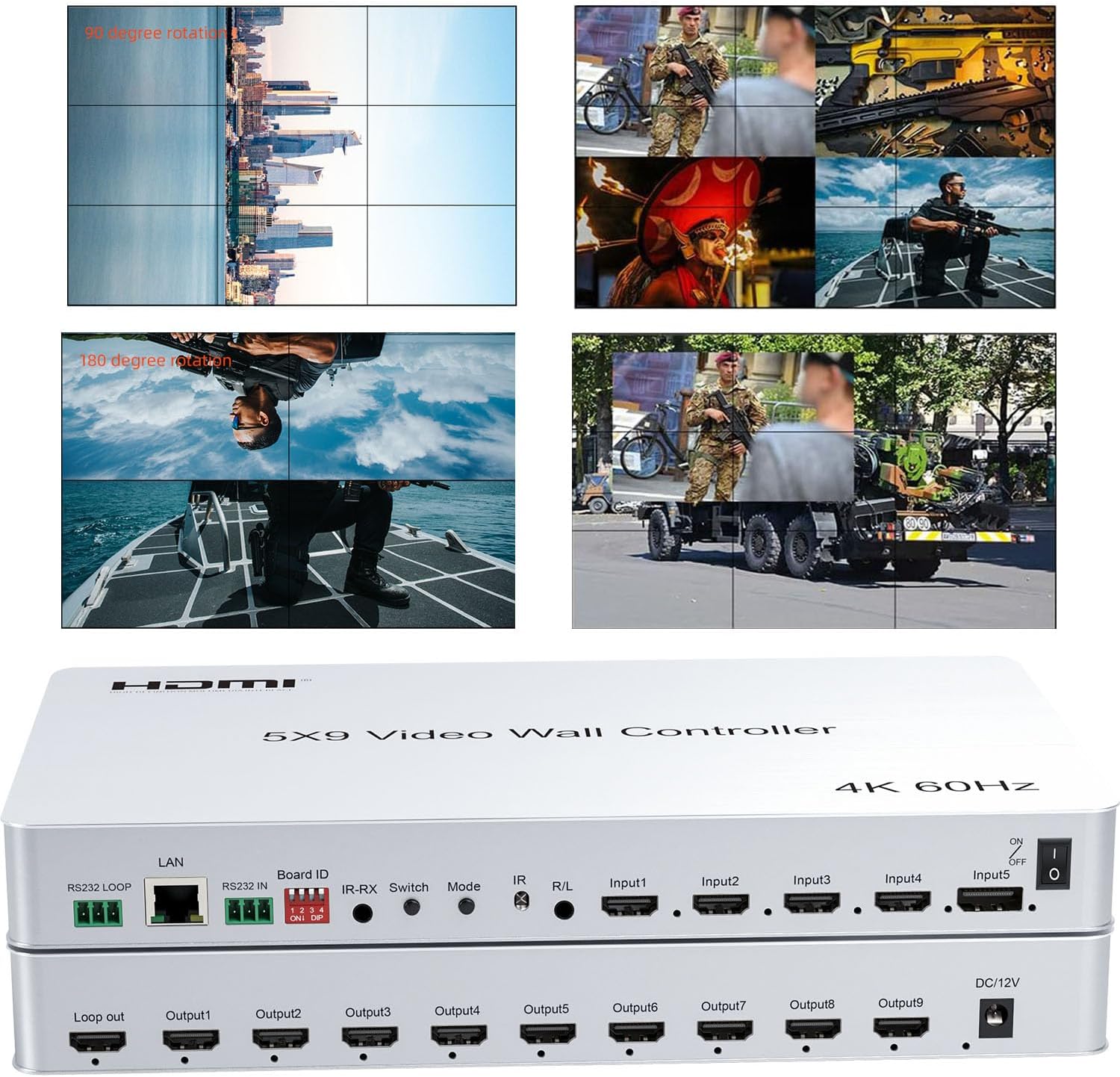 4K @ 60HZ 5x9 Video Wall Controller 4 HDMI Inputs / 1 DP 10 HDMI Outputs Video Processor Rotates 90 Degrees for Portrait Mode Support 2X2 3X3 2X3 2x1 3x1 4x1 1x5 1x9 etc.