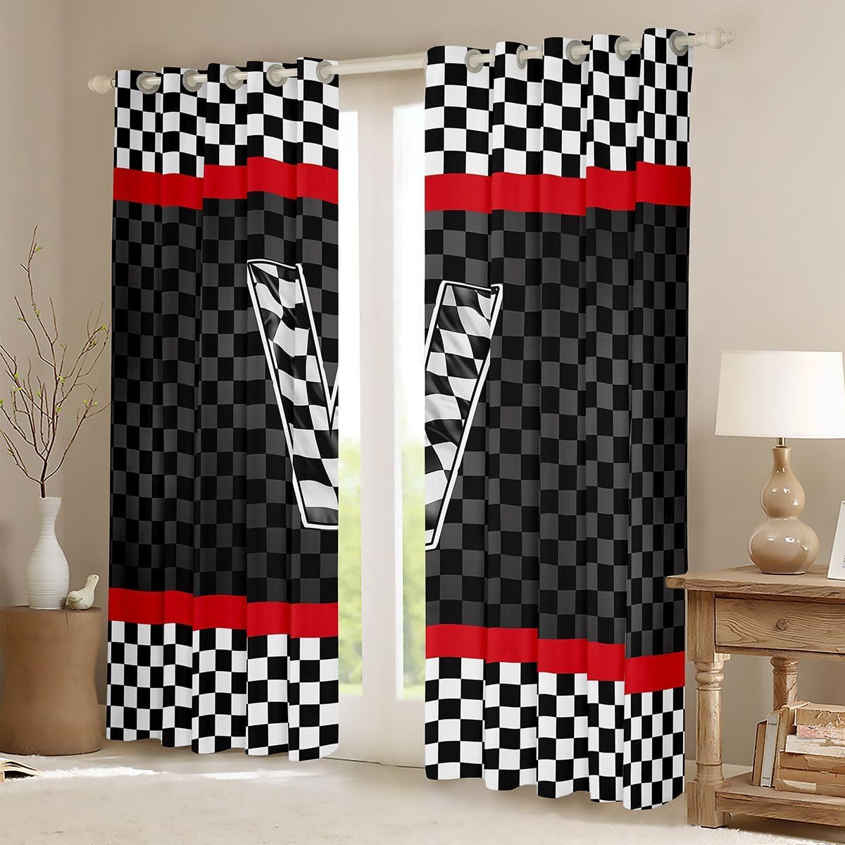 Castle Fairy Racing Car Blackout Curtains for Kids Bedroom Monogram Letter V Window Drapes Honeycomb Extreme Sports Window Treatment Black Windows Curtains 2 Panel Sets 38" Wx45 L