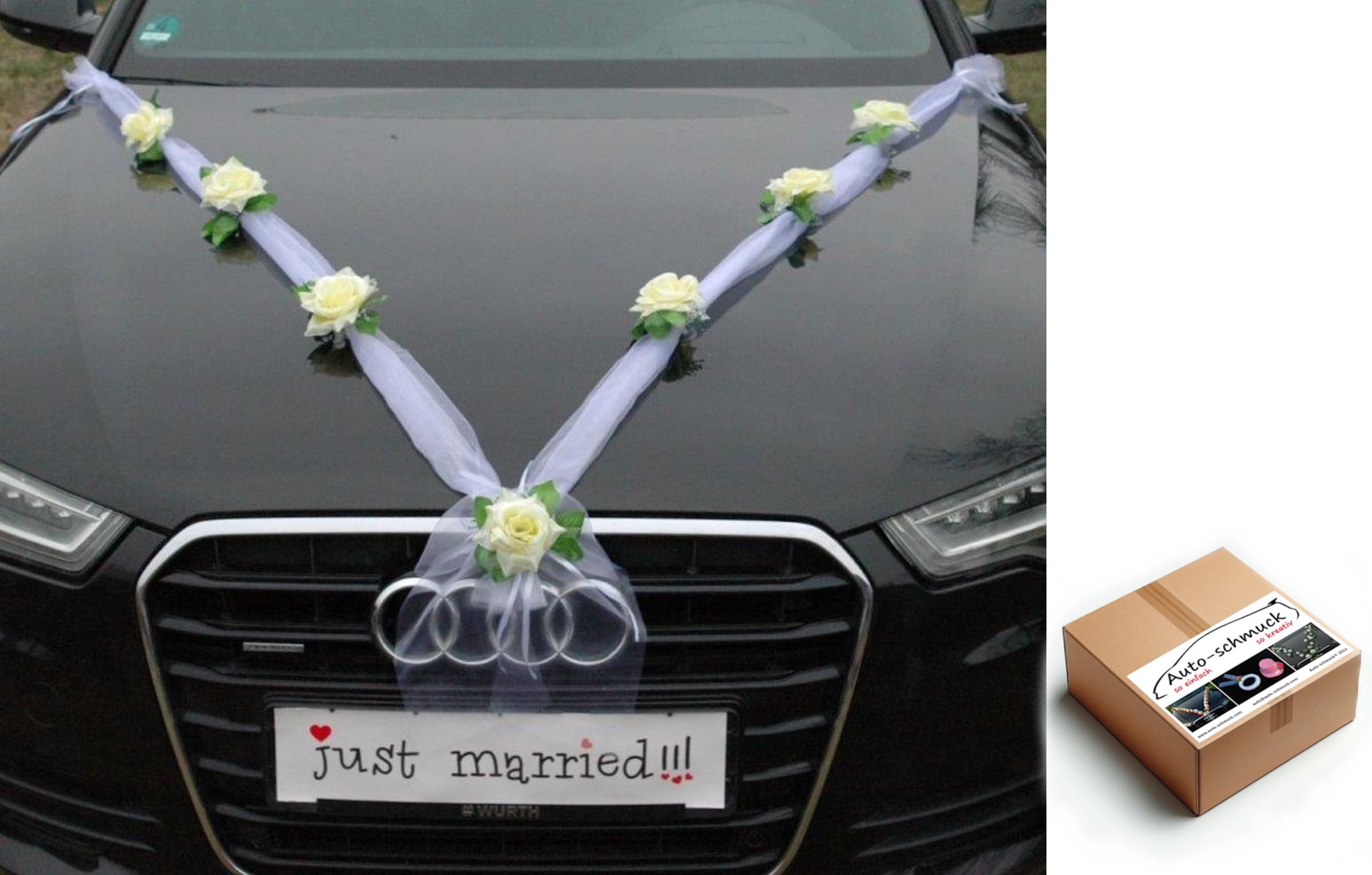 Organza M Auto Schmuck Braut Paar Rose Deko Dekoration Autoschmuck Hochzeit Car Auto Wedding Deko Girlande PKW (Ecru2/Weiß)