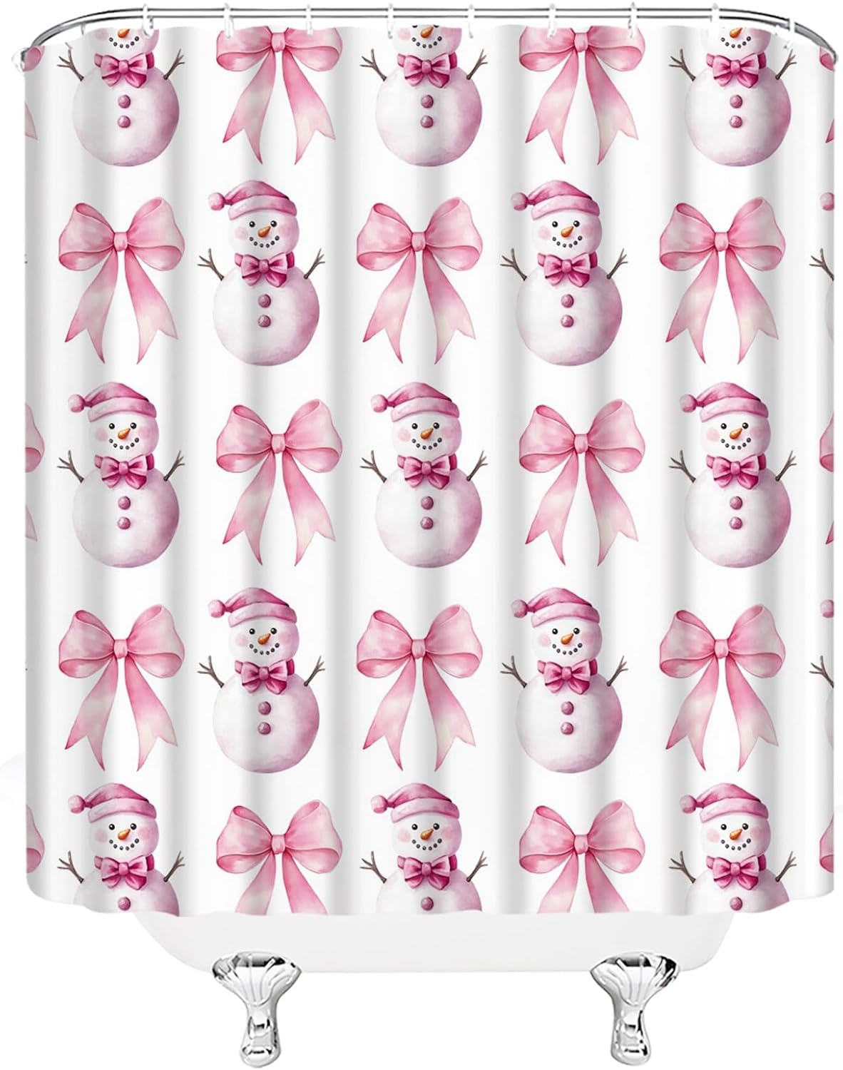 Christmas Snowman Extra Long Shower Curtain,Pink Bow Watercolor Decor for Bathroom,Winter Holiday Cute Fabric Curtain with Hooks,70x78 Inch