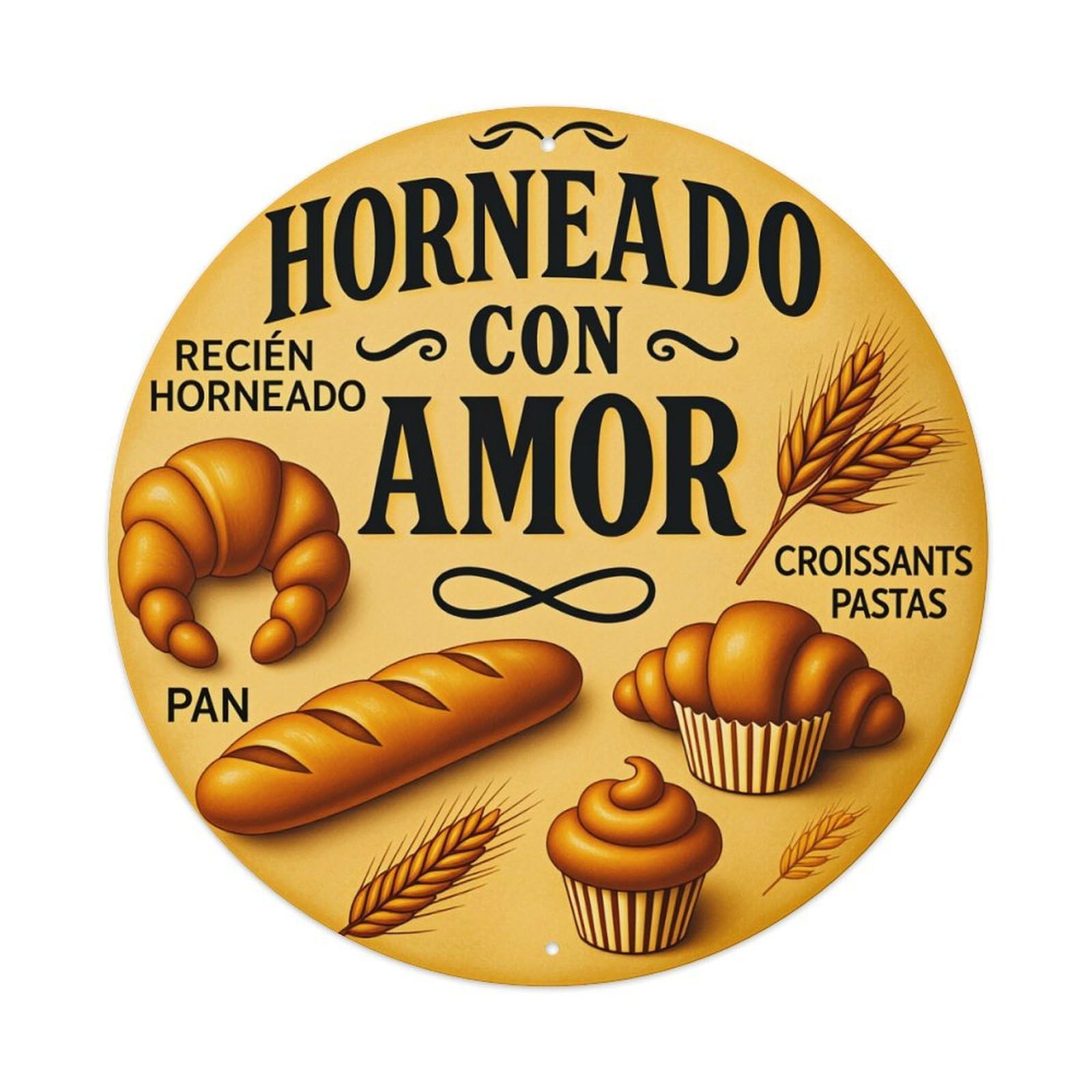 Bread Croissant Muffin Wheat Flour Round Tin Sign Vintage Style Metal Sign Home Bar Garden Wall Plaque Decor Metal Poster 8x8 Inch