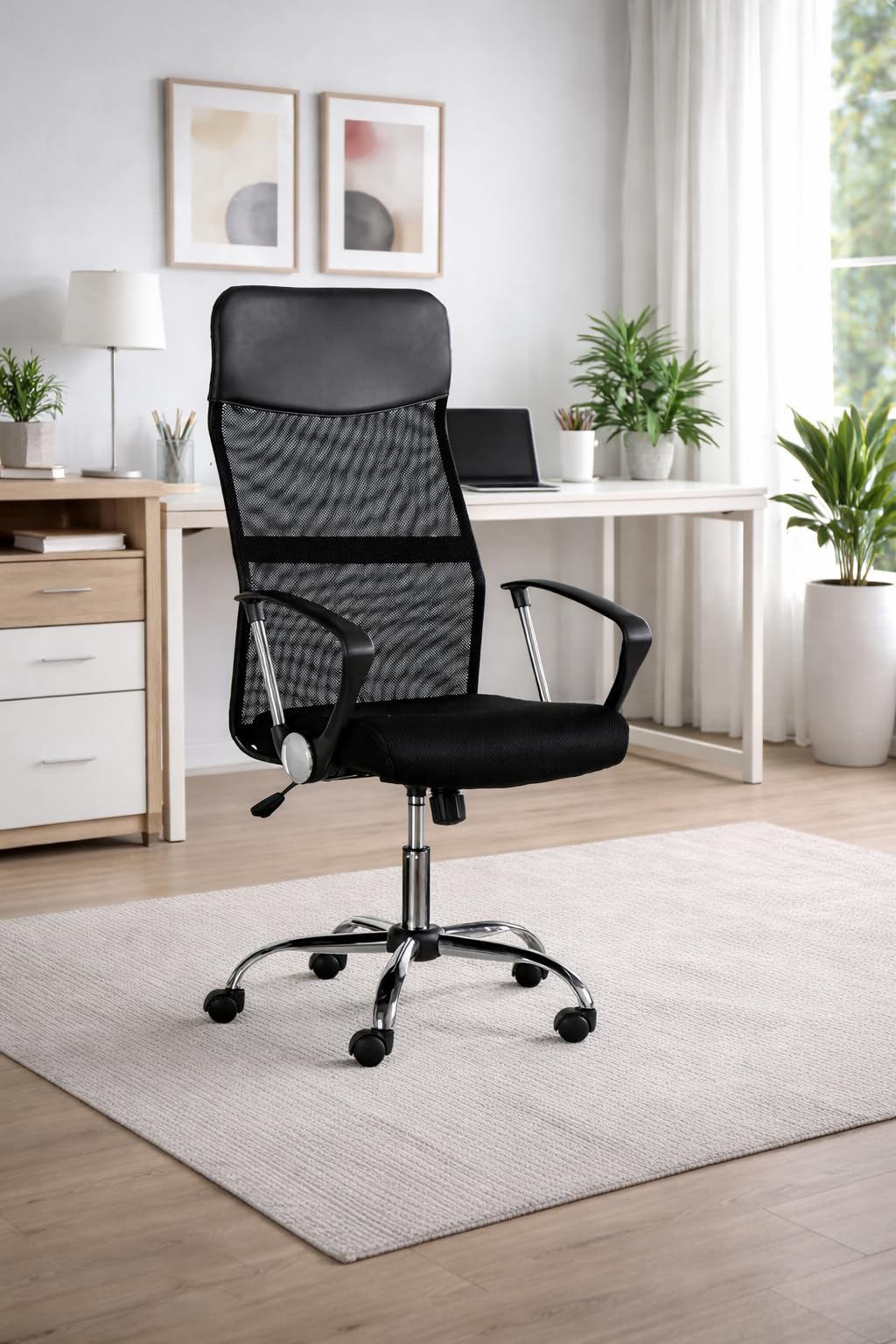 DUPI Silla de Escritorio Meeting con Ruedas | Ergonómica con Respaldo de Malla | Giratoria 360º y Altura Ajustable | Acolchado 6 cm y Reposabrazos | Negro