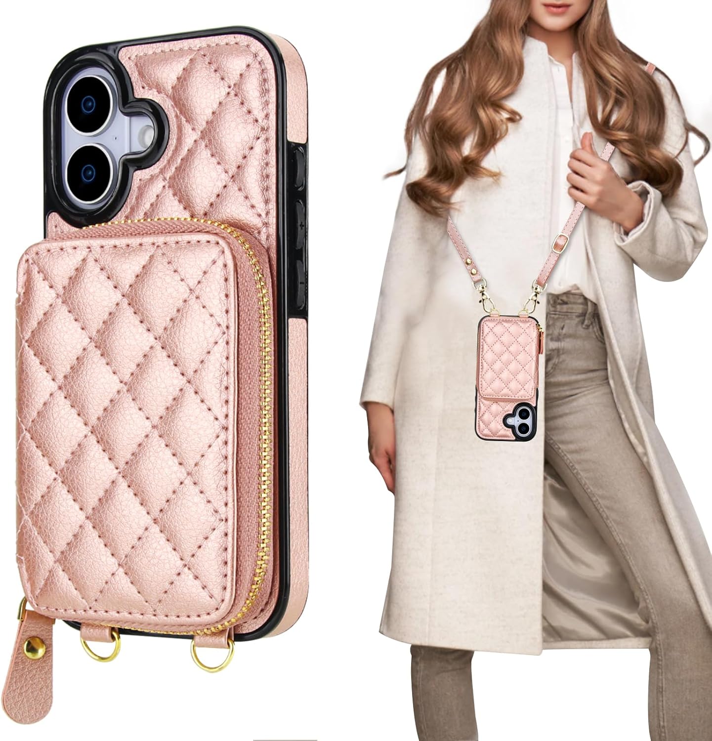 Bocasal Crossbody Wallet Case for iPhone 17, RFID Blocking PU Leather Zipper Handbag Purse Flip Cover, Kickstand Folio Case with Card Slots Holder Wrist Strap Lanyard 5G 6.3 Inch (Rose Gold)