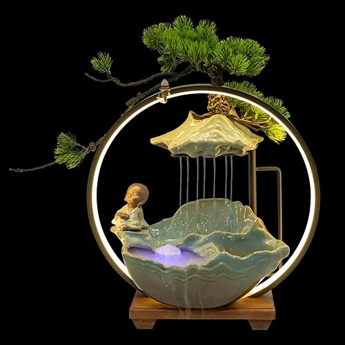 Fuentes de agua de mesa para interiores, cascada con niebla, fuentes de agua LED para interiores para meditación con plantas falsas, decoración de