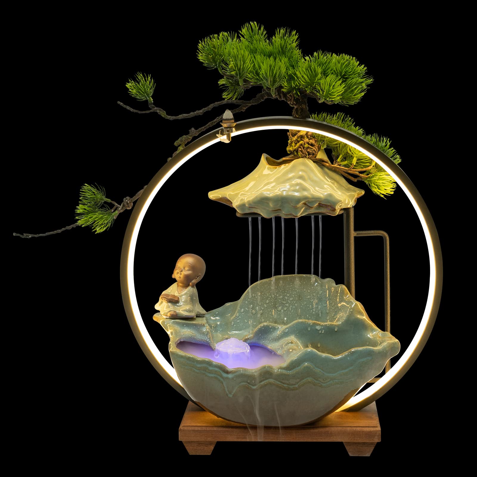 Backflow Incense Holder with Water Fountains and LED Light, Rockery, Monk and Plants Perfect for Relaxing or Home Decor (Monk witn Rockery)