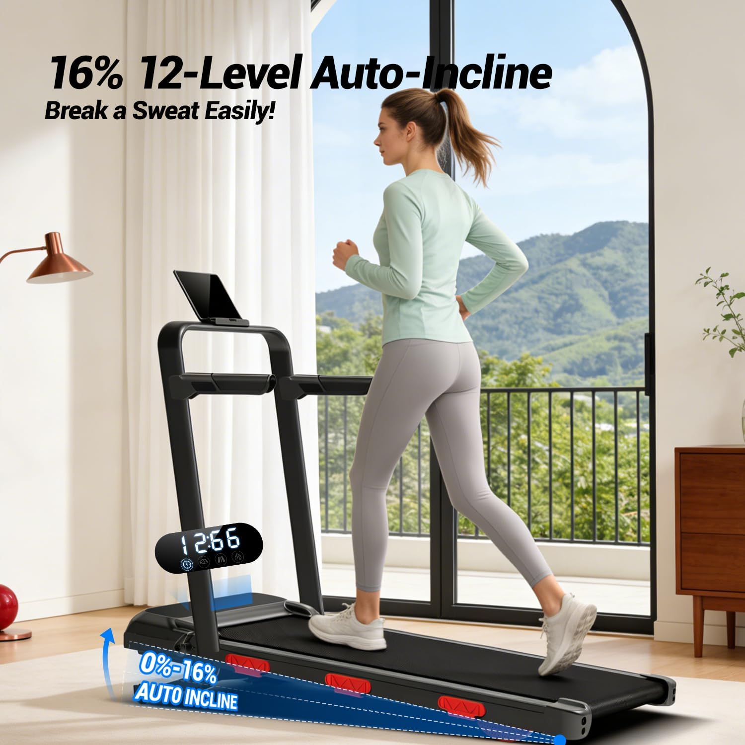 Walking Pad Folding Treadmill with 15% Auto Incline 12 Levels, 43" High Handrail & Dual Side Handles, Shock-Absorbing Cushions, No Installation, Compact Walking Pad for Home Office Use