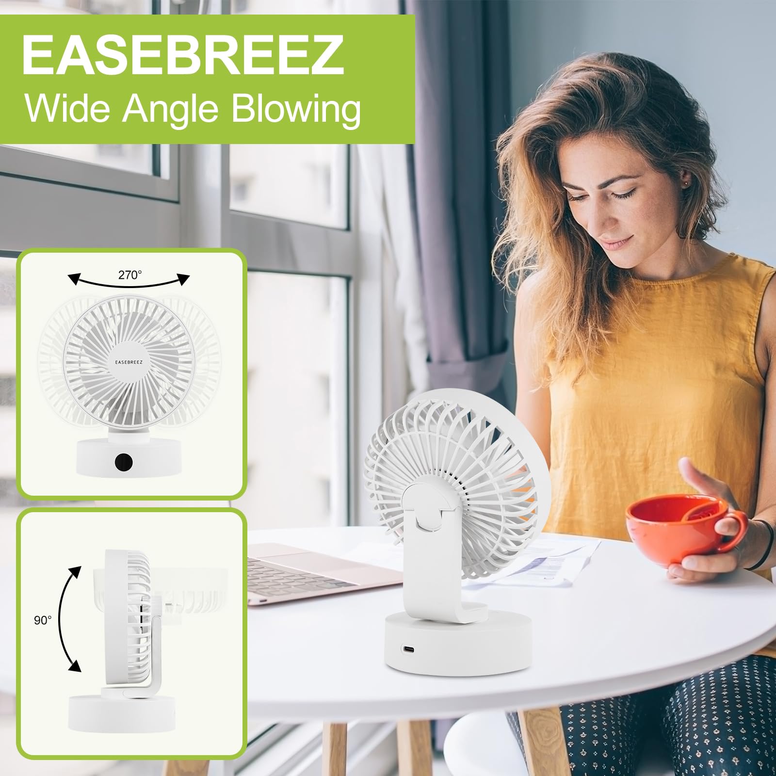 Ventilatore da tavolo, ventola piccola Funzionamento silenzioso, ventola USB leggera, ricarica tramite porta USB, display a LED, 5 impostazioni di velocità, inclinazione regolabile, bianco