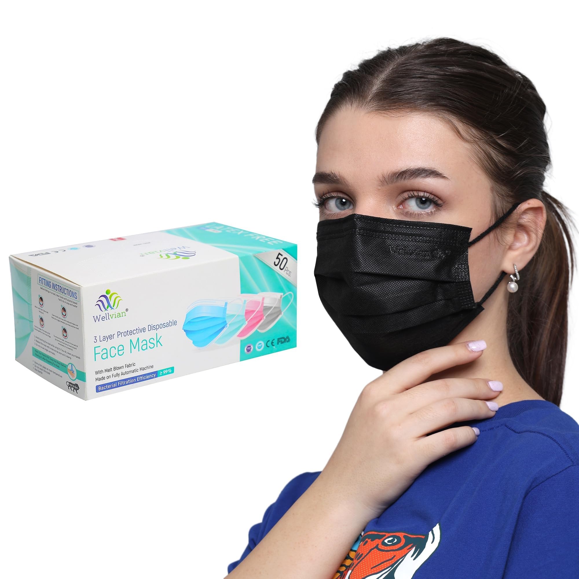 Wellvian Adult Mask Disposable Face Mask Meltblown Mask Surgical Face Mask With Nose Pin & Latex Free Ear Loops Bfe = 99% Colour : Full Black ||Number of Pieces: 200 (B0CP97BBM1) Amazon Price History, Amazon Price Tracker