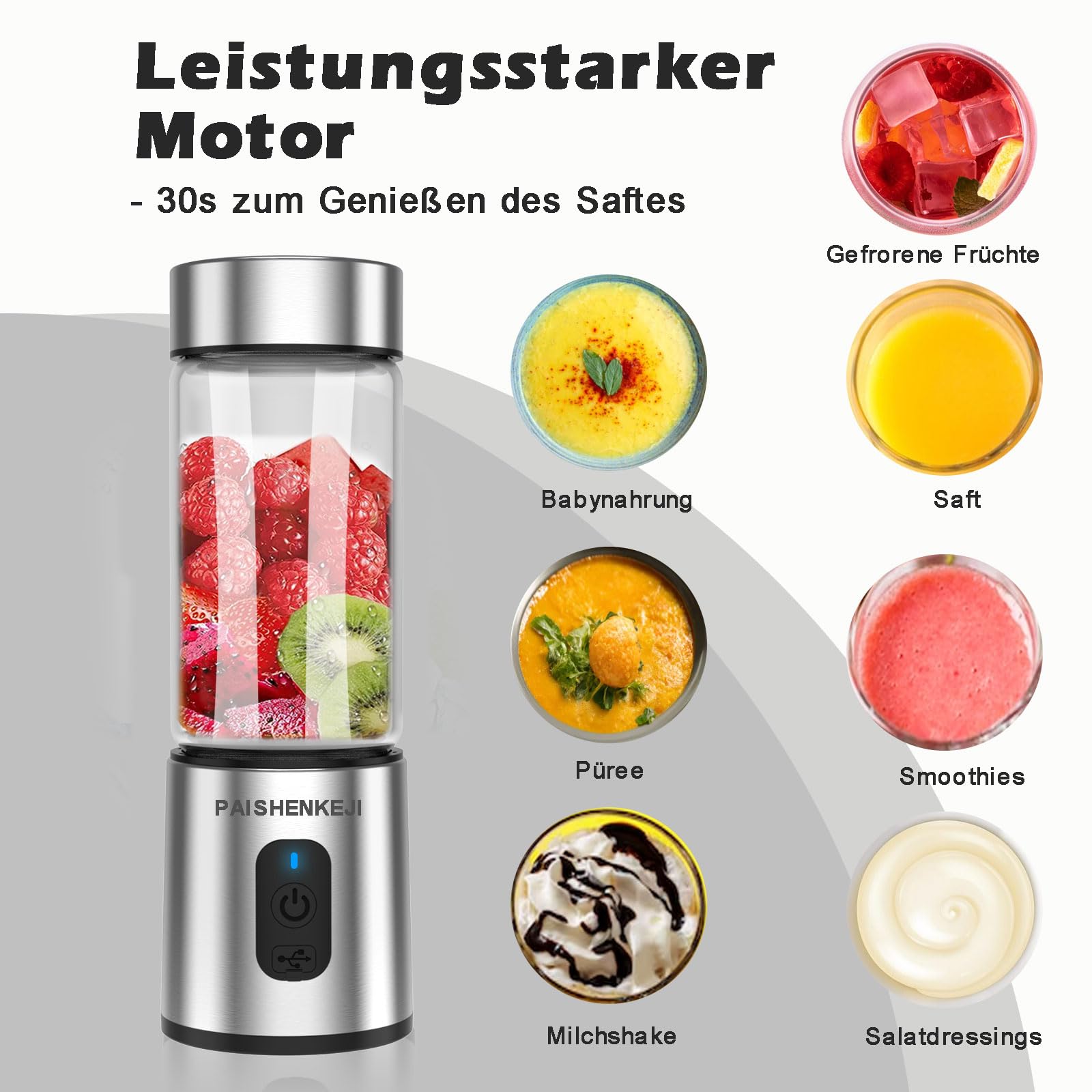 Mini Frullatore Mixer portatile Smoothies - 400ml Blender Frullatore Mixer Cucina con 6 Lame in Acciaio Inossidabile, Multifunzione USB Frullatore Piccolo per uso Domestico Ufficio Viaggio (argent)