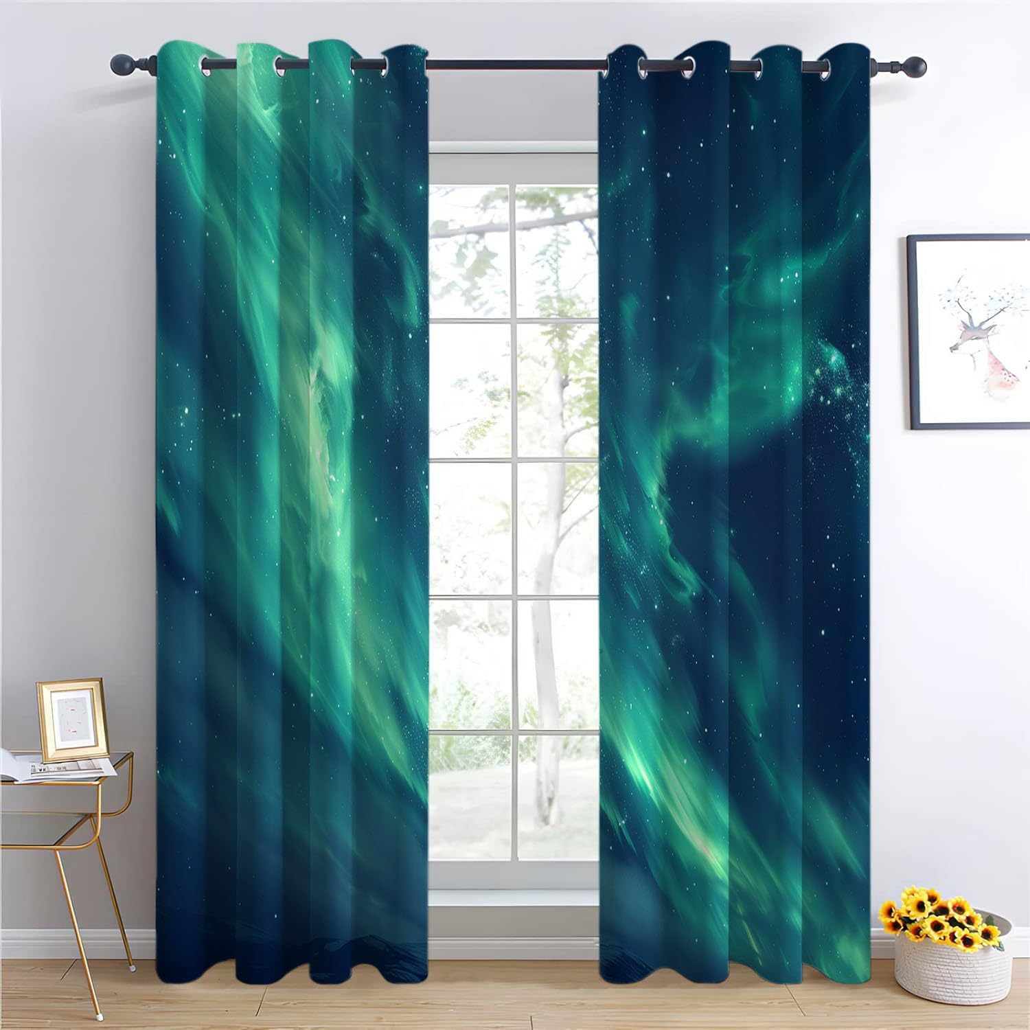 Zielone światła polarne zasłony zaciemniające, zestaw 2 sztuk, 220 x 215 cm (szer. x wys.), kolor Aurora, poliester, do sypialni, pokoju dziecięcego, salonu, dekoracja