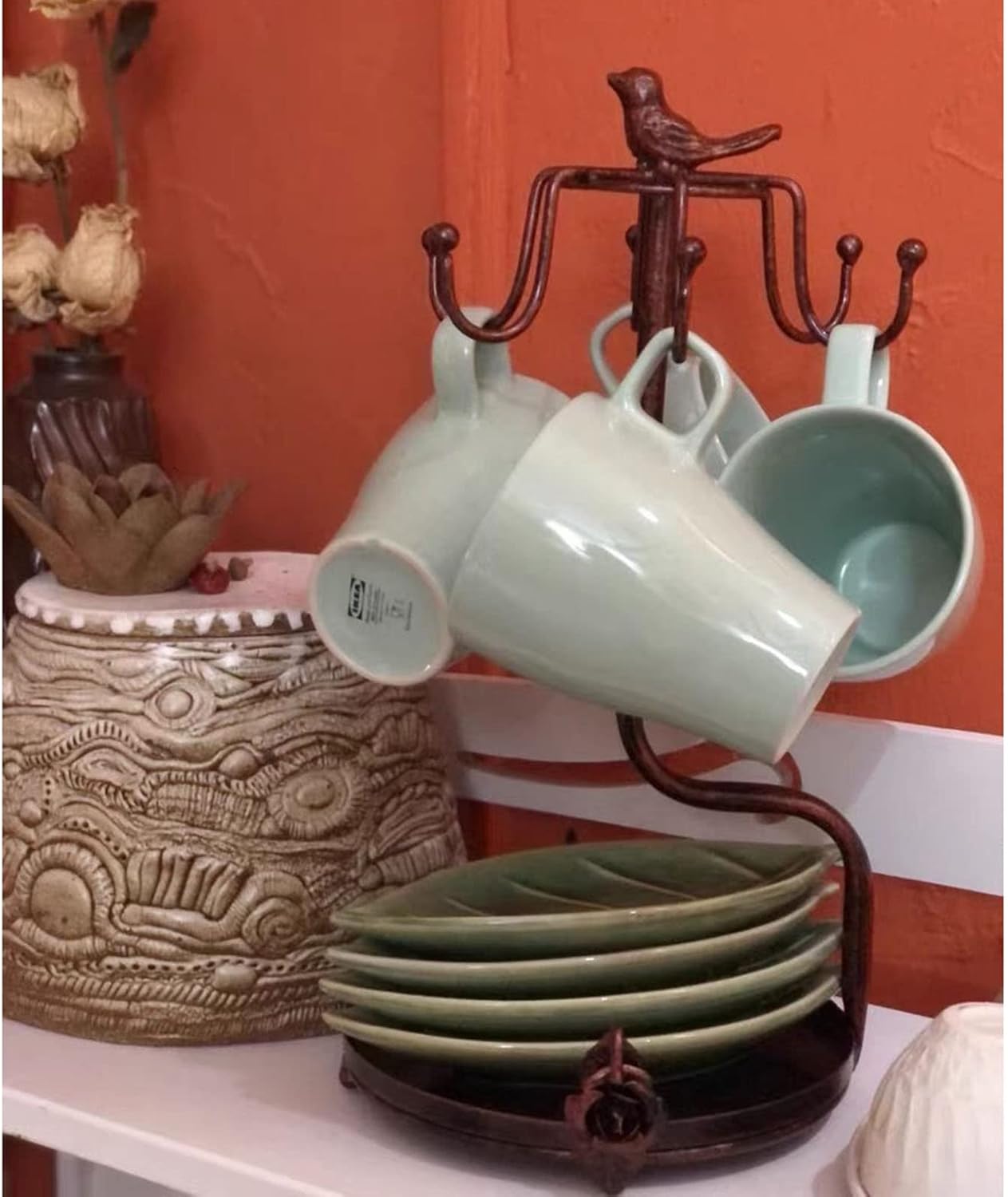 Color bronze Vintage Coffee Mug Holder,Rustic Tea Mug and Saucer Storage Display Rack,Holds 6 Cups,Bronze Iron