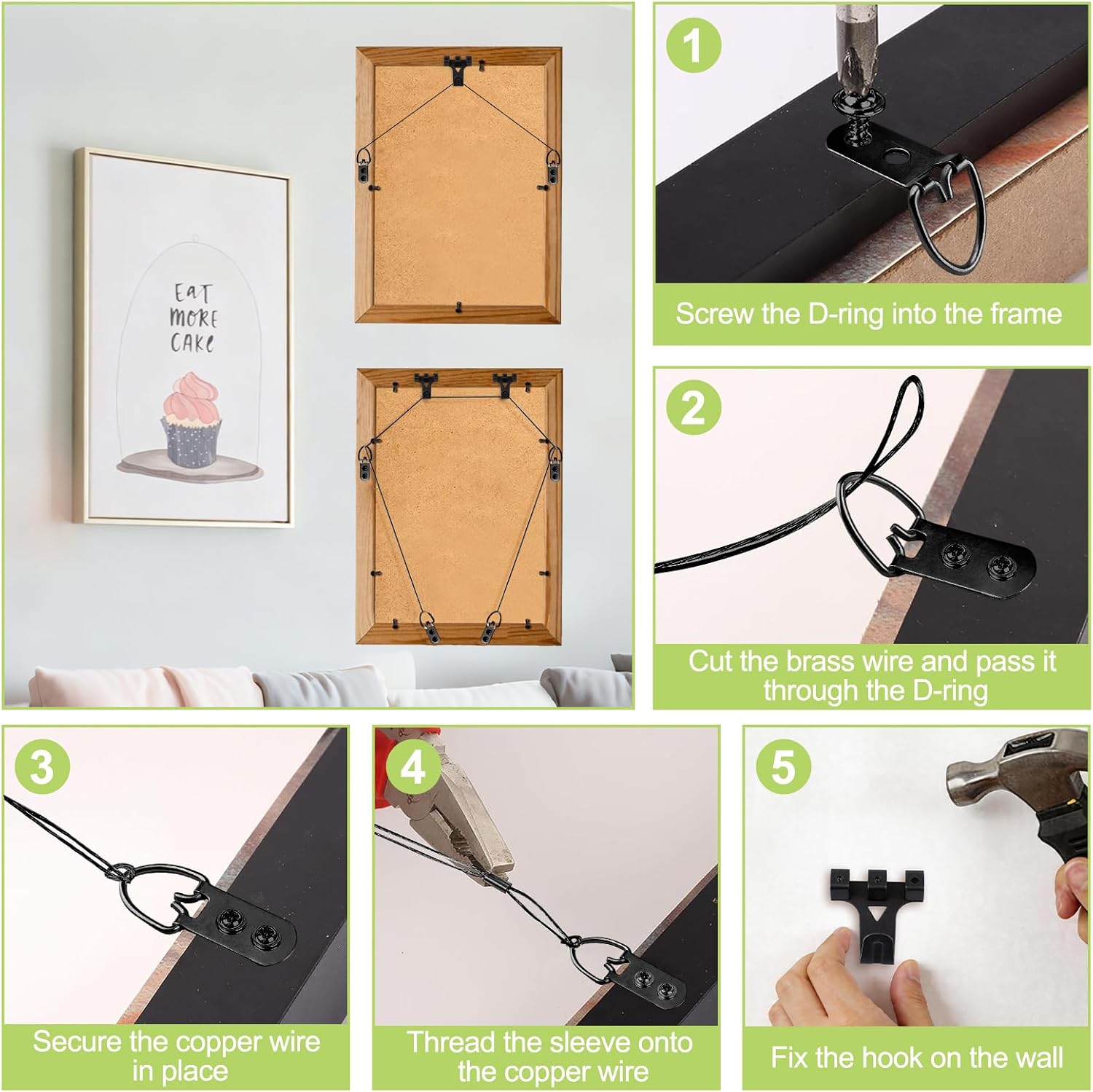 Picture Hanging Kit - 1 Roll 10M Picture Wire & 6 Hanging Hooks & 12 D-Rings with Nails Heavy Duty Picture Hangers for Wall Art, Exhibitions & Galleries(Black) image 5