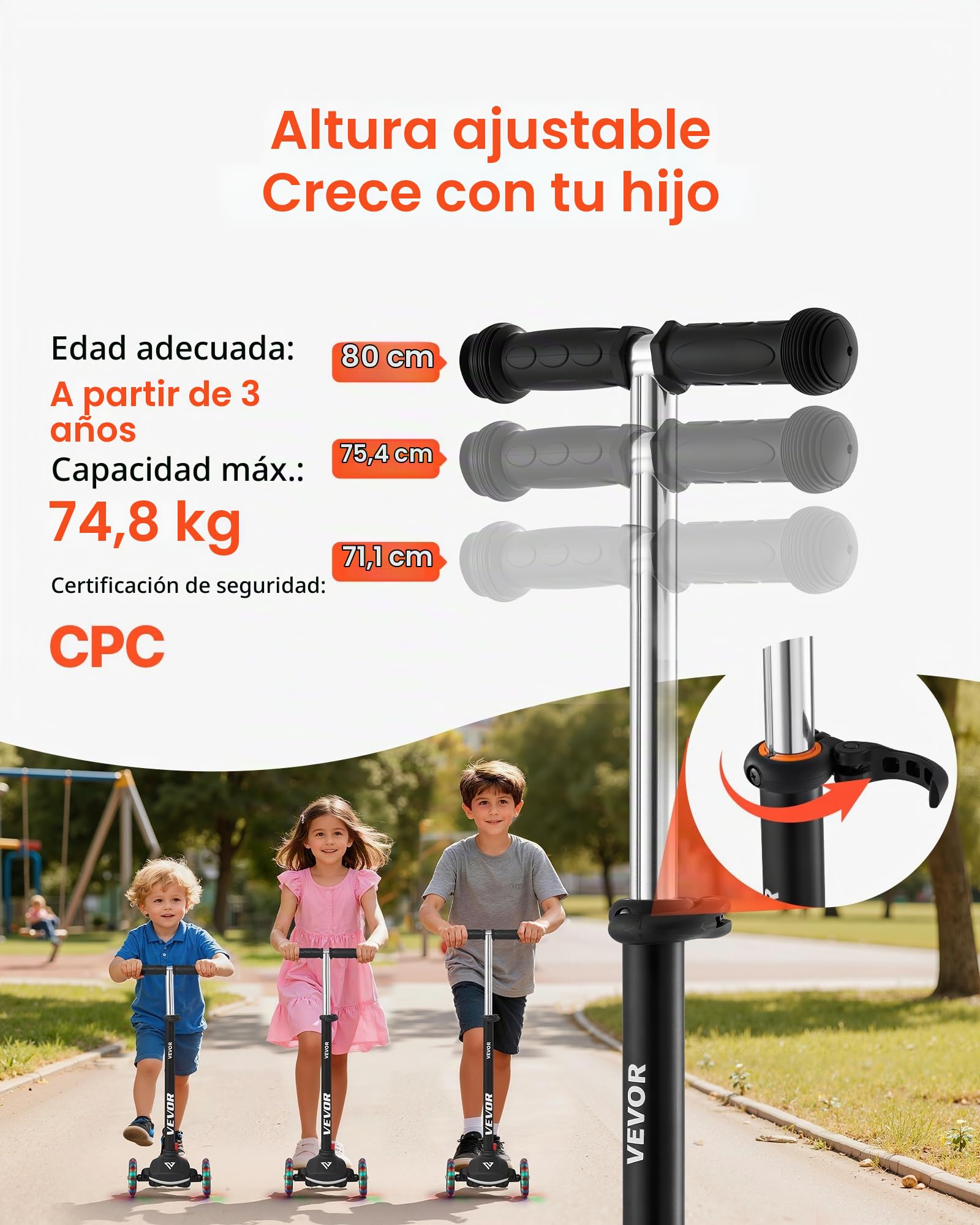 VEVOR Patinete 3 Ruedas, para Niños de 3 Años en Adelante, Ruedas Iluminadas, Manillar de Altura Ajustable, Base Antideslizante y Cuadro de Aluminio Ligero, hasta 75 kg, Negro, 520 x 250 x 800 mm
