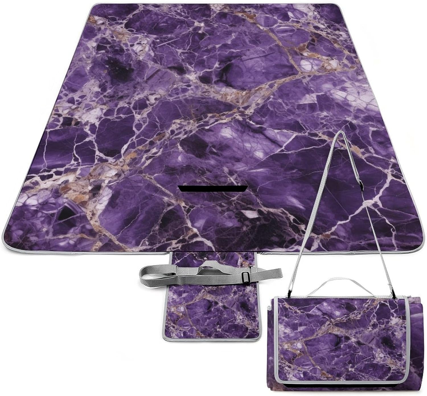 Outdoor Picnic Blanket,Marble Purplem Print Picnic Blankets,Large Beach Blanket Sand Free Foldable Portable Camping Blanket, 58.3x58.3