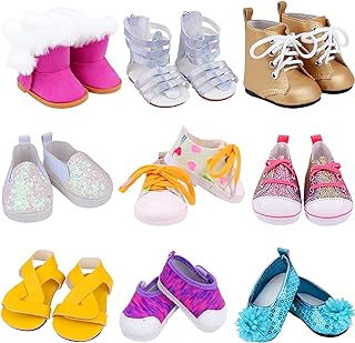 Ecore Fun 18 Inch Girl Doll Accessories Includes Random Style 9 Pairs of Shoes Fit for 18 Inch Girl Doll Shoes Including Snow Boots, Leather Shoes, Sandals, Slipper