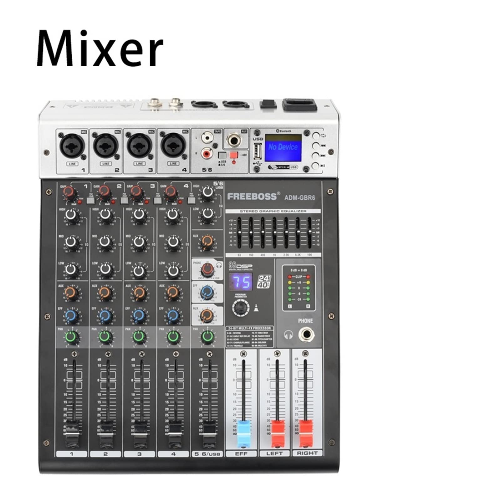 Attrezzatura per DJ per Feste ADM-GBR6 Serie 48 V Phantom Power RepAeat Effect USB Funzione Bluetooth Karaoke DJ Console 9 9dsp Canale Audio 6 Mixer(ADM-GBR6P)