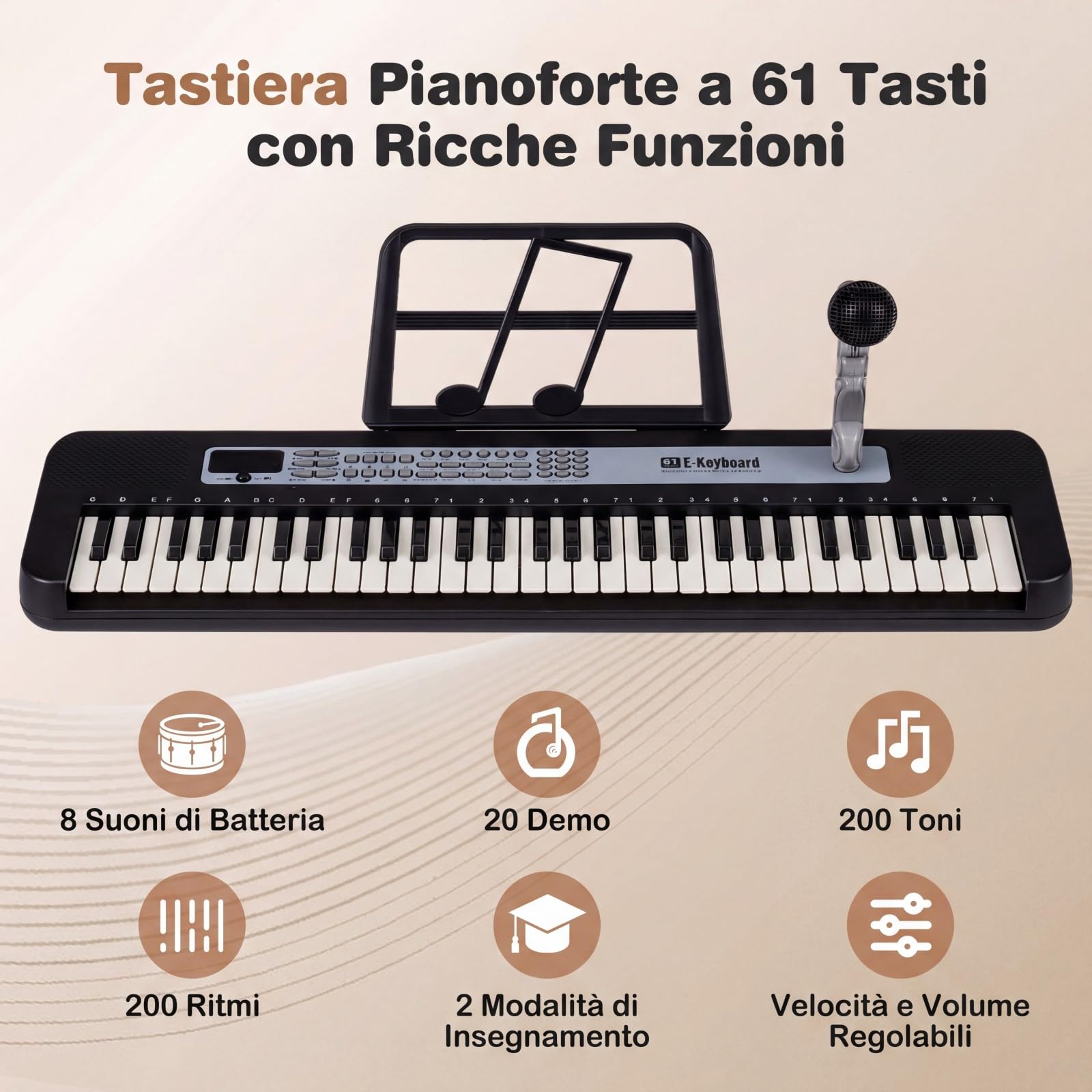 COSTWAY Tastiera Pianoforte Elettrica a 61 Tasti, Giocattolo Musicale da Interno con Supporto Regolabile, Microfono e Leggio, Strumento Digitale Educativo per Bambini e Bambini 3+ Anni (Nero)