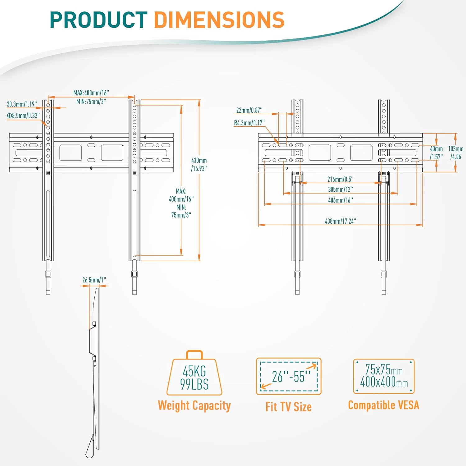 ELIVED Fixed TV Wall Bracket Ultra Slim Wall Mount for Most 26-55 Inch LED, LCD, OLED Flat or Curved TVs with VESA 75x75mm-400x400mm up to 45KG, Low Profile TV Bracket Flat to Wall Design EV029 8 71zYvo UjEL. AC SL1500
