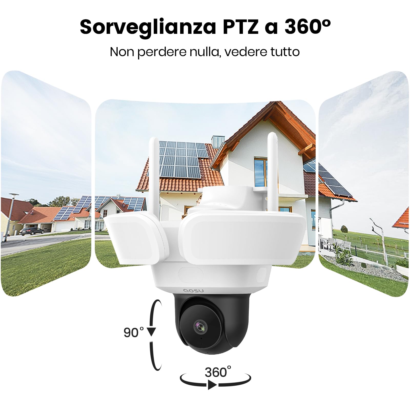 aosu 3K Telecamera di Sorveglianza Esterna con Luce, 2600 LM, 360° IA | 3 sensori PIR, Registrazione 24/7, Visione notturna, IP65 impermeabile, Wi‑Fi 2,4 GHz, Per ingresso/giardino