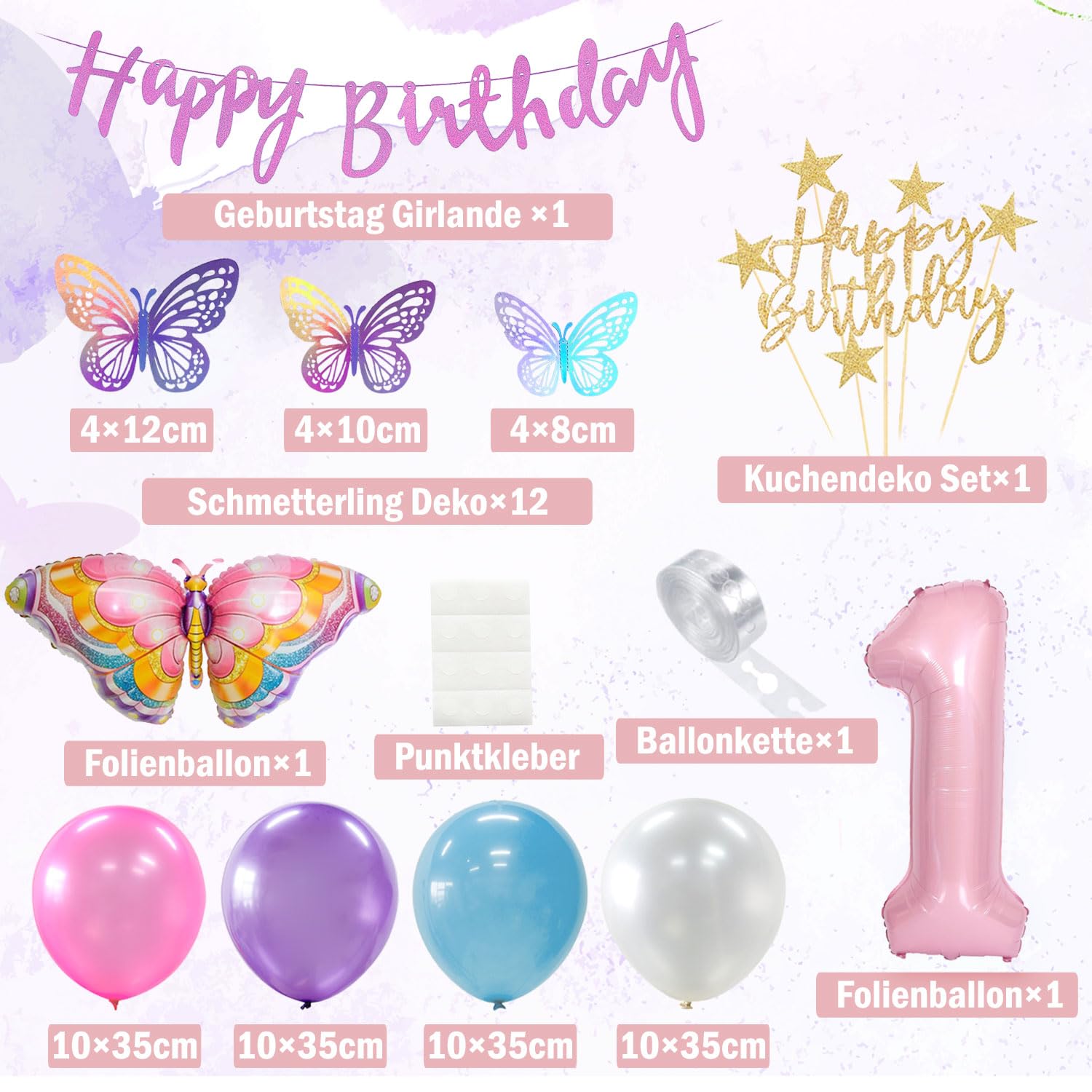 SKIRUP Schmetterlings-Ballon-Set – Zahl 1, Bunt, Transparent, 101,6 Cm, Für Geburtstag & Mottoparty