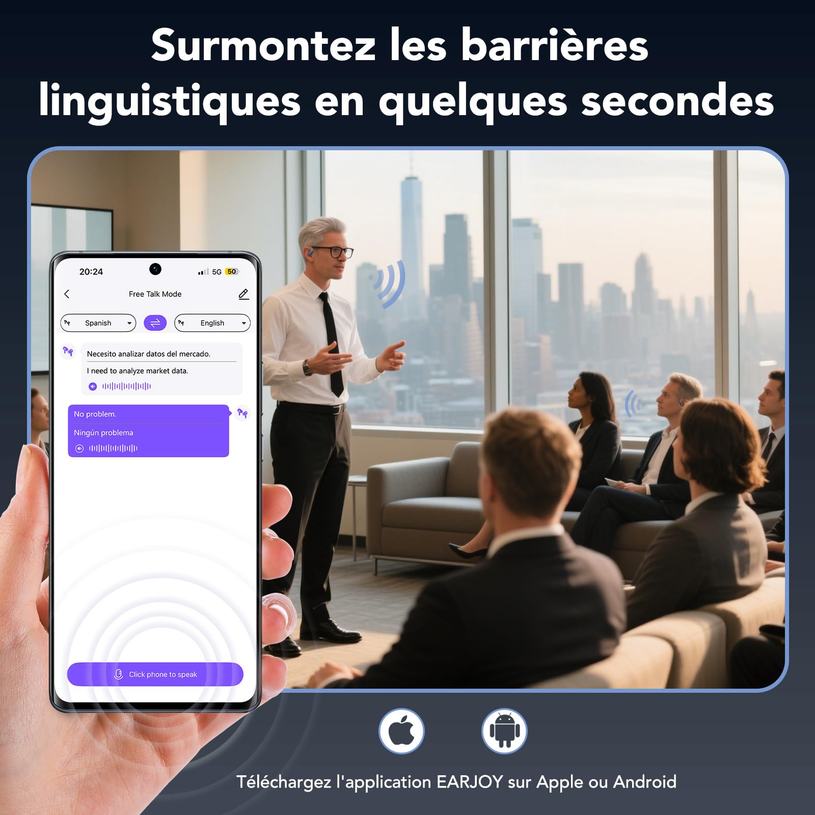 NE27 Ecouteur Traducteur Instantané, Écouteur Traducteur Pour 134 Langues Avec Écran Tactile LCD, Oreillette Traduction Instantanée À Oreille Ouverte, Pour Les Voyages, Les Affaires Et L'Apprentissage