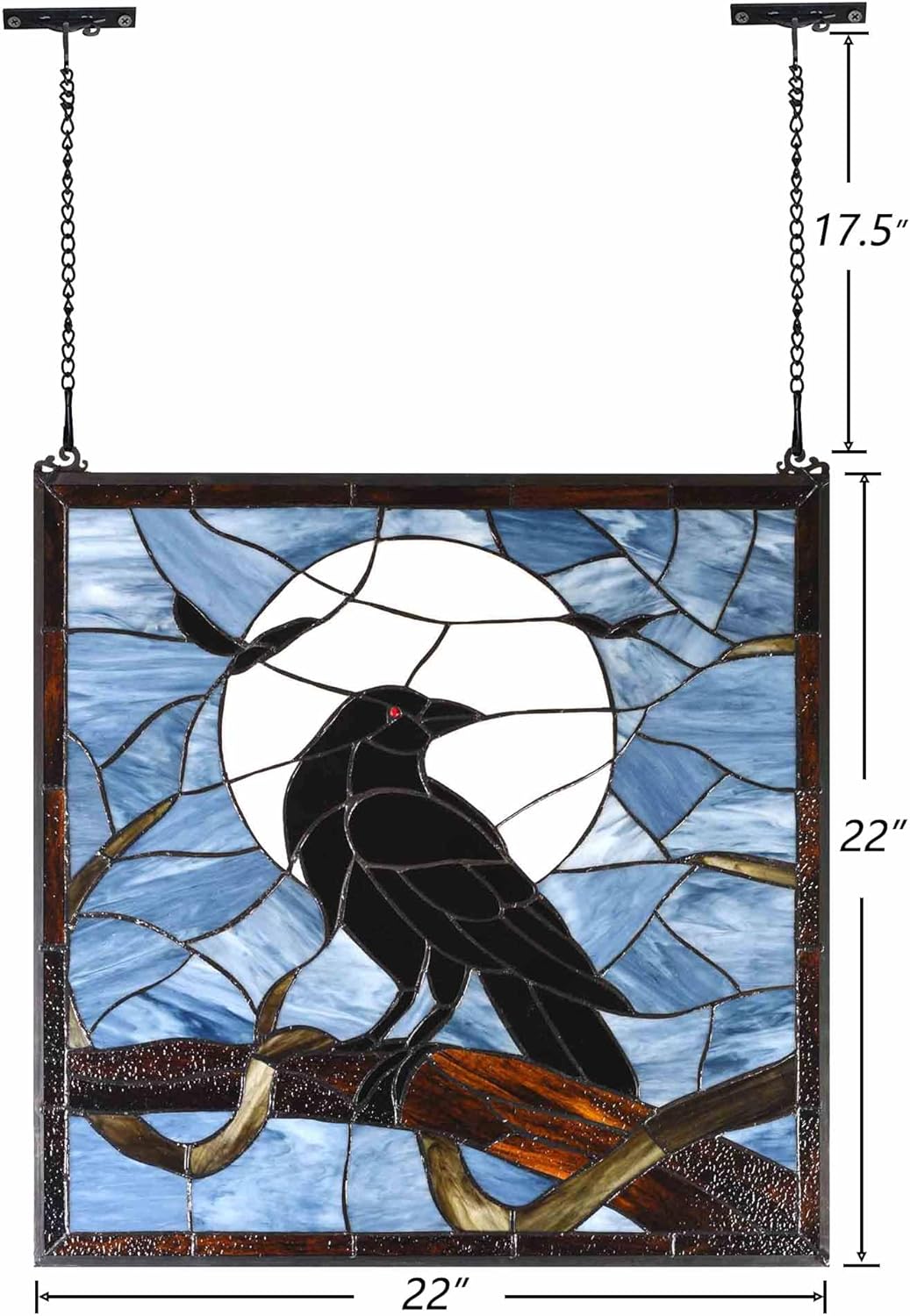 Bieye W10097 Tiffany Style Stained Glass Window Panel with Raven Sitting on Bare Tree Branch against Full Moon Scene for Halloween Decor (Dark Blue, 22" Wx22 H Square)