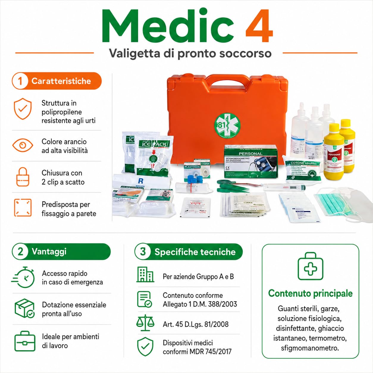 Medic 4 Valigetta Pronto Soccorso Allegato 1 con Supporto a Parete | Dotazione completa, Installazione rapida, Plastica antiurto, Utilizzo professionale, Conforme D.M. 388/2003