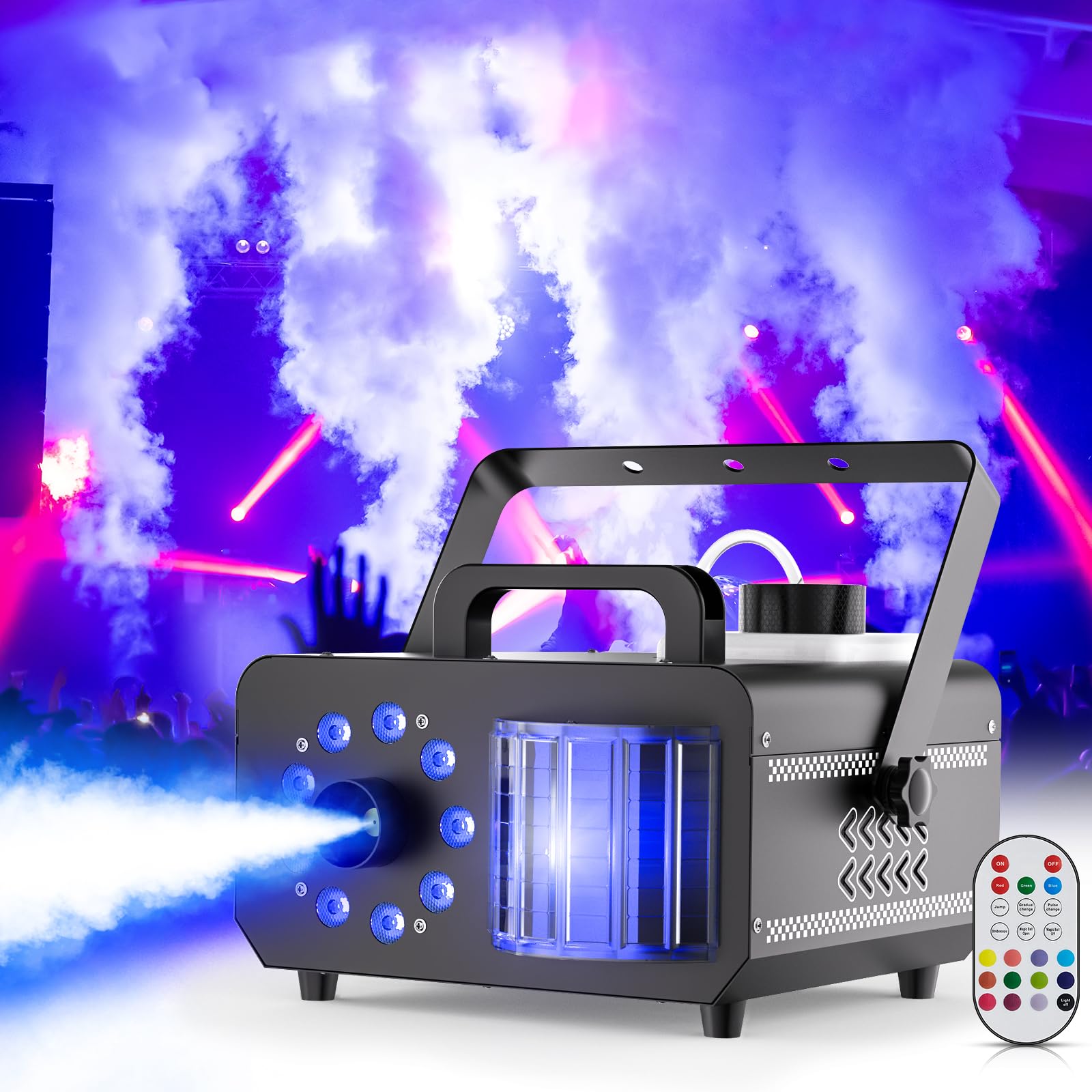 Machine à Fumée 1200W avec Télécommande, 9 LED RVB Effet Lumineux Disco Faisceau Stroboscopique 14 Couleurs Machine à Brouillard Portable pour DJ Halloween Mariage Noël Scène