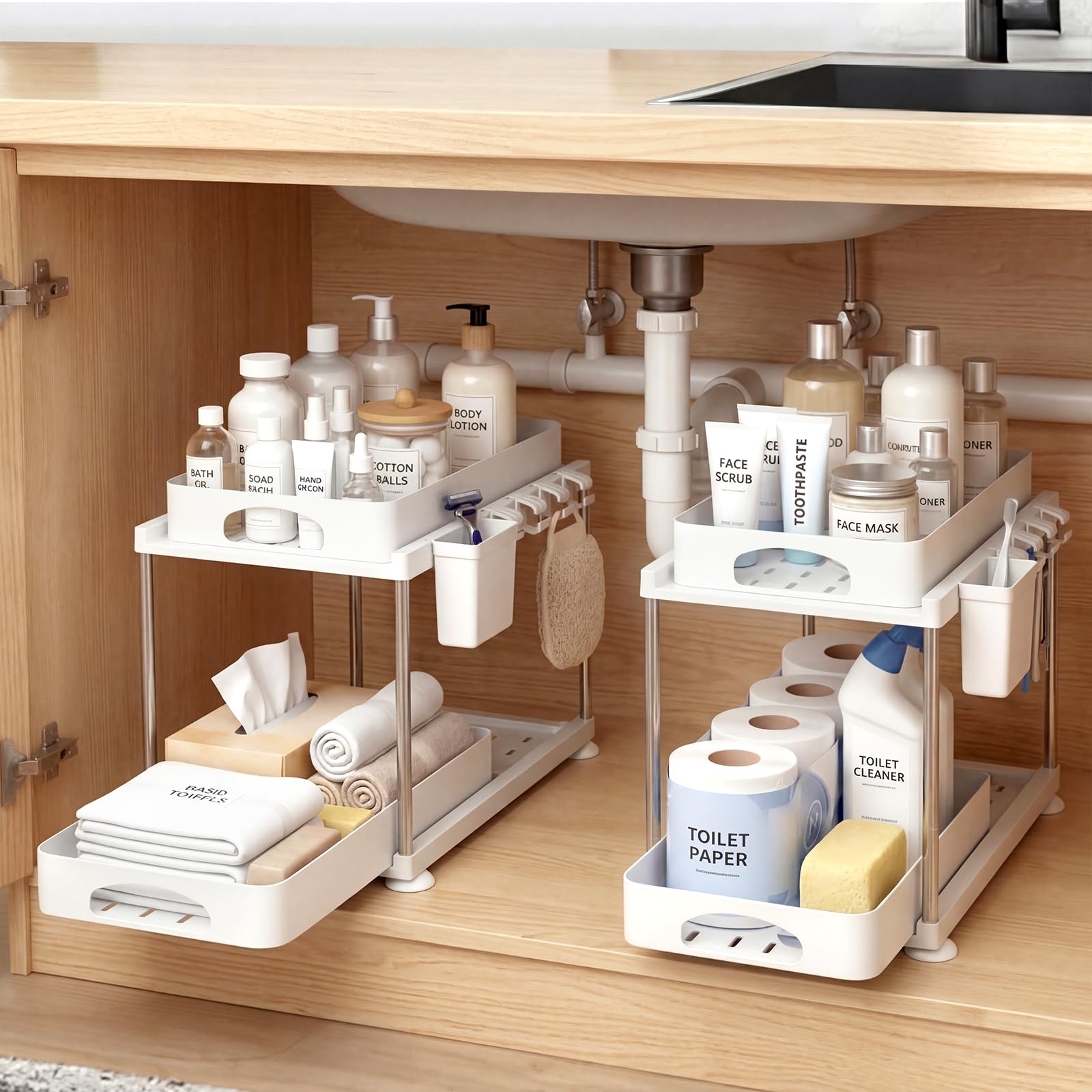 TOQUE Under Sink Organiser 2 Pack, Adjustable Height 2 Tier Pull Out Drawers, Kitchen Cabinet Storage Shelf, Heavy Duty Slide Out Under Sink Storage with Hooks for Bathroom, White