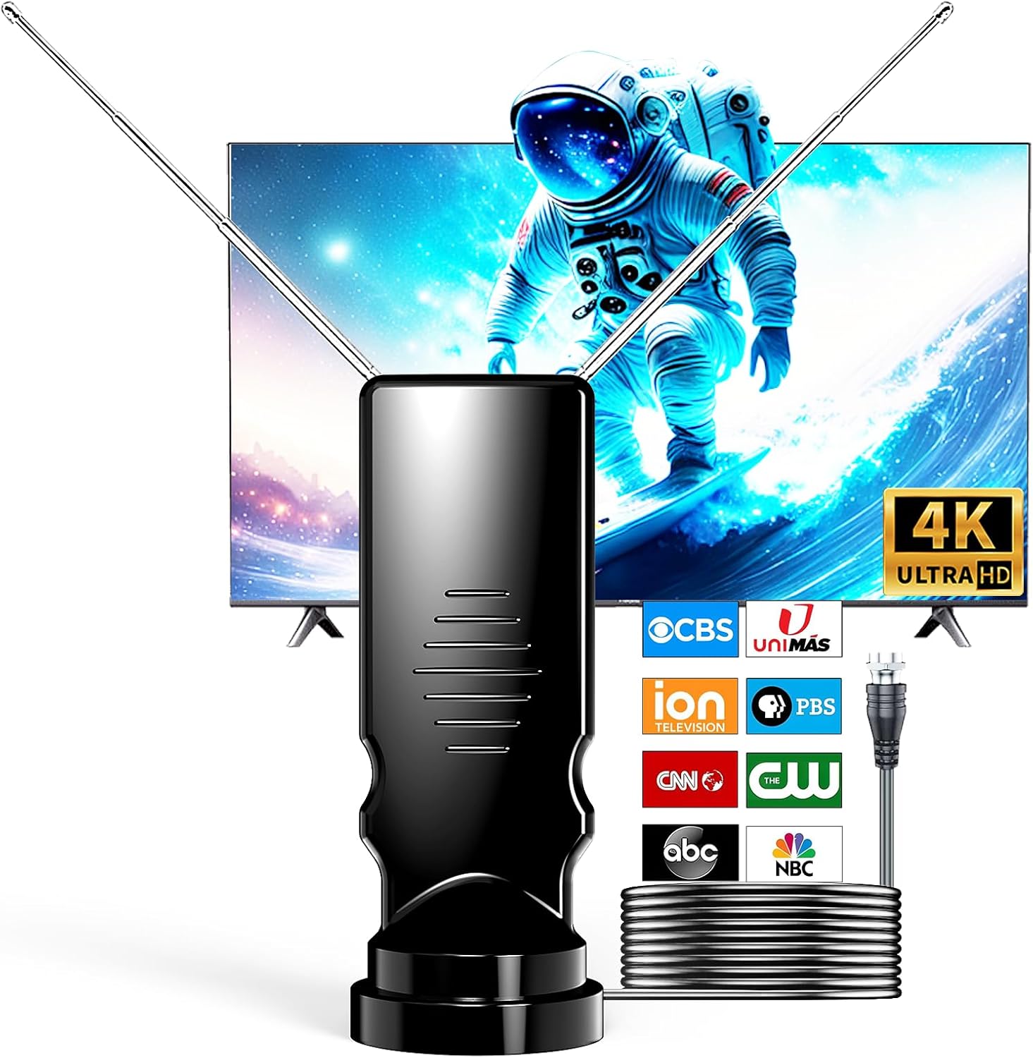 Rabbit Ears TV Antenna - 2025 Upgraded Indoor HDTV Antenna for Smart & Old TVs, 4K 1080p, 200+ Mile Range, Free Local Channels, VHF/UHF Support, Easy Setup, No Monthly Fees