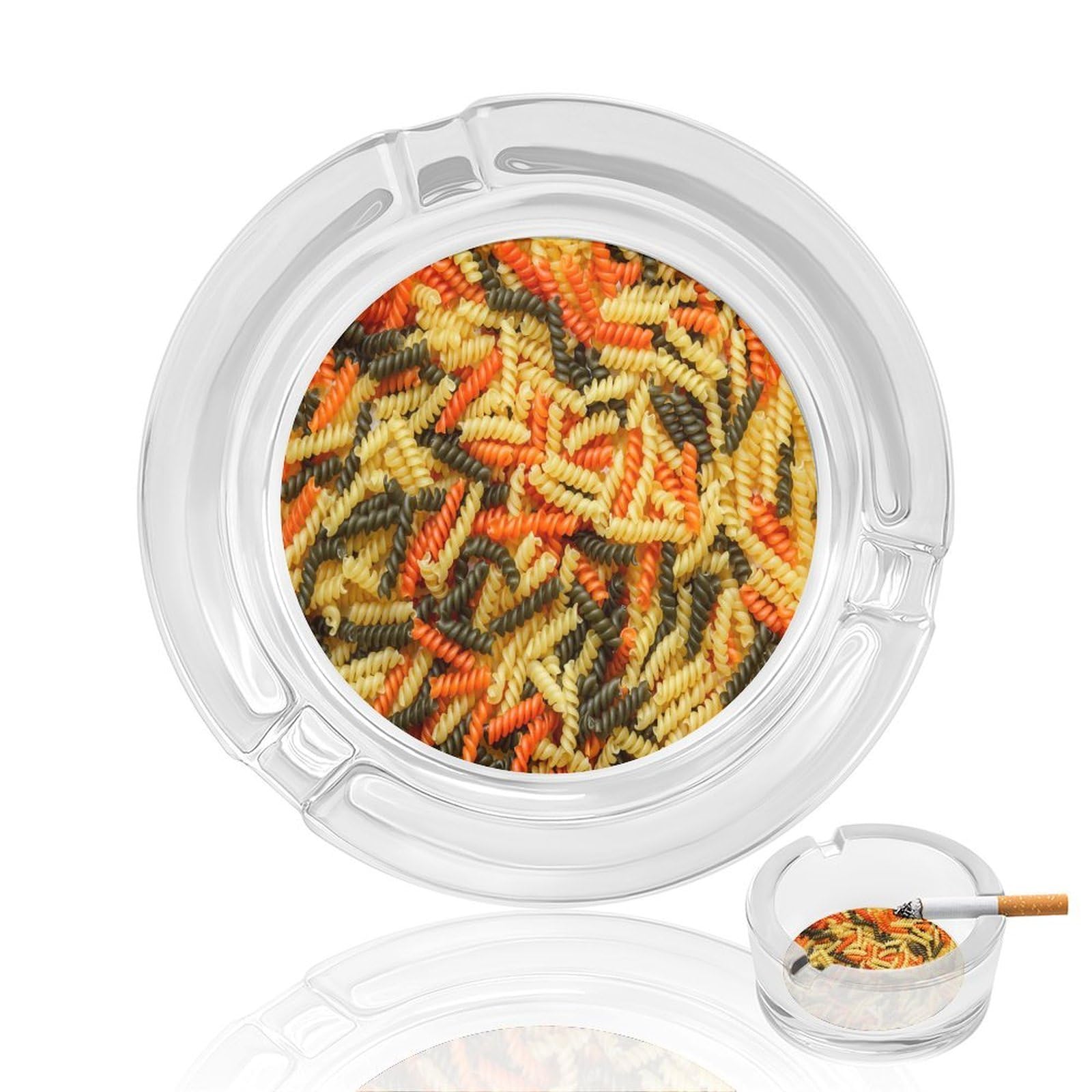 Macaroni Pasta Pat Glass Ashtray 3.3 Inch Round Cigarette Ash Holder with 4 Grooves for Home Office Outdoor One Size