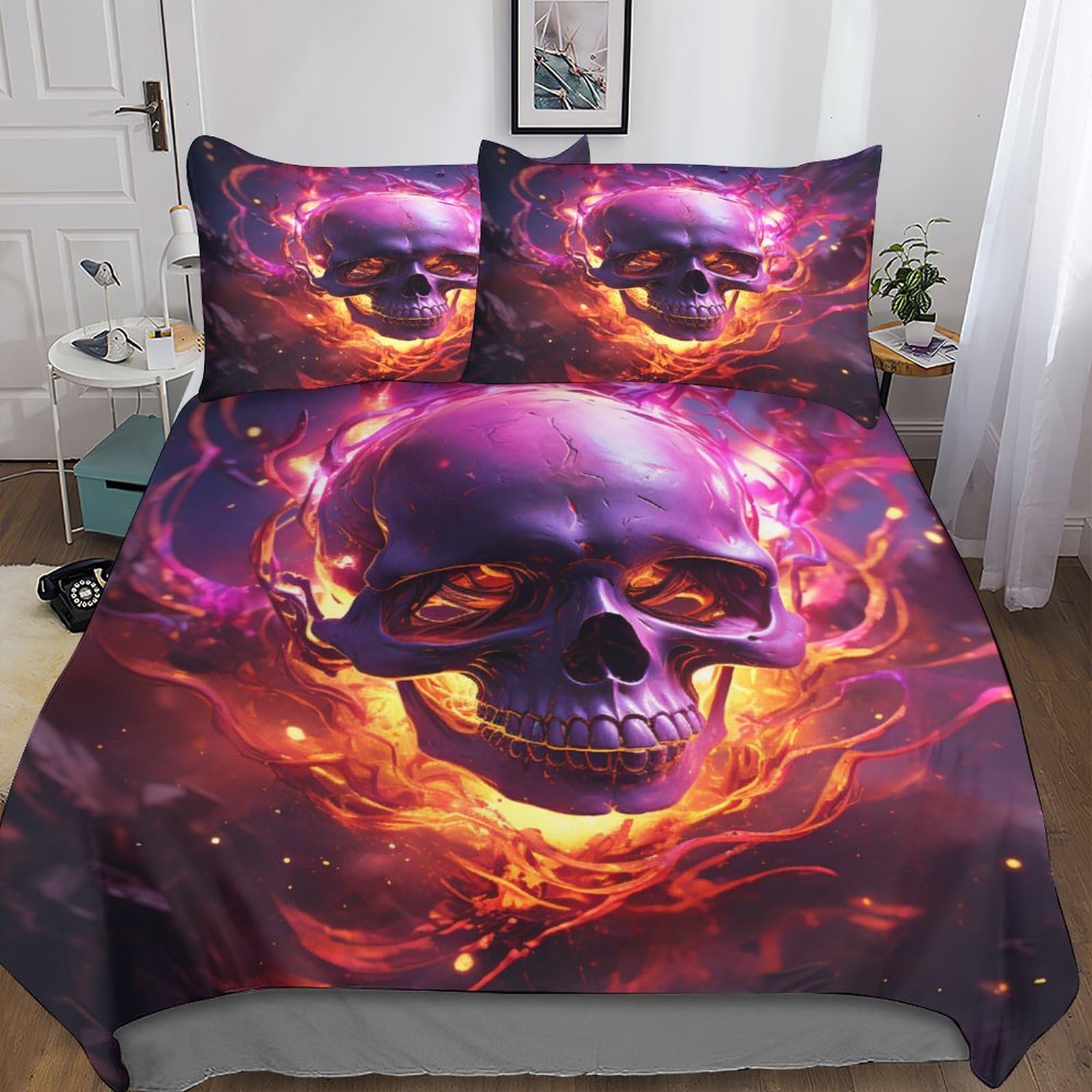 Housse de couette skulls IOFEER 200x200 parure lit double 3 pièces ado