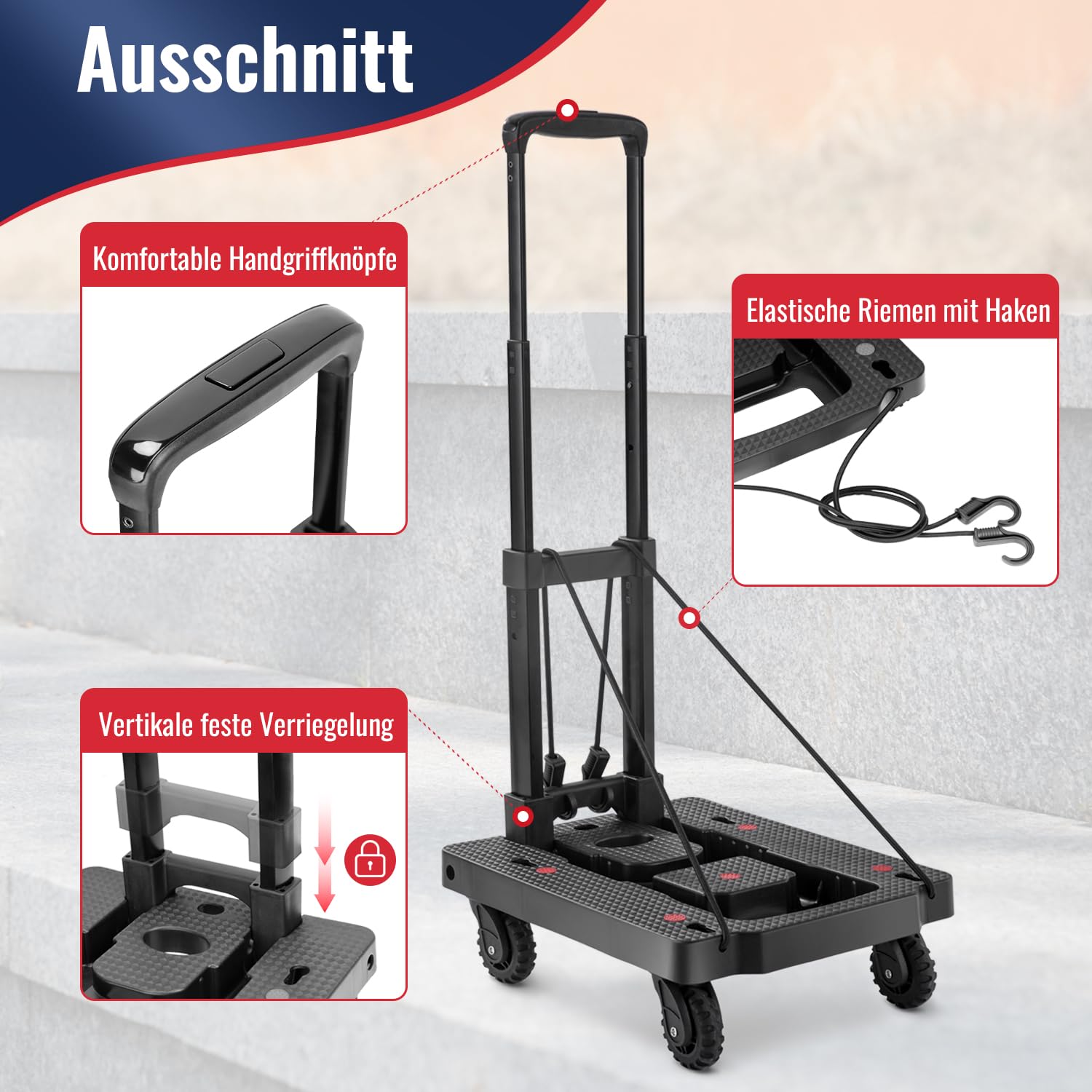 Faltbarer Transportroller KOSTANZO – 70 Kg Tragkraft – 3-stufig Höhenverstellbarer Griff – Mit 2 Spanngurten – Für Reisen, Büro & Umzug