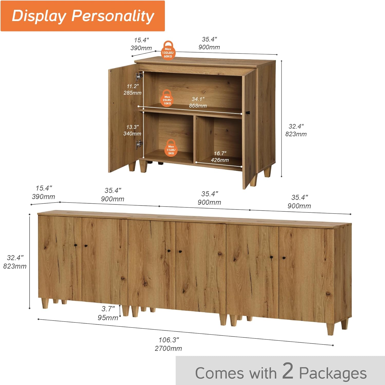 Wampat Sideboards Buffet Cabinet, 106" Wide Wooden Credenza with 6 Doors, 3-in-1 Modern Kitchen Coffee Bar Cabinet with 9 Compartments for Living Room, Hallway, Oak Brown