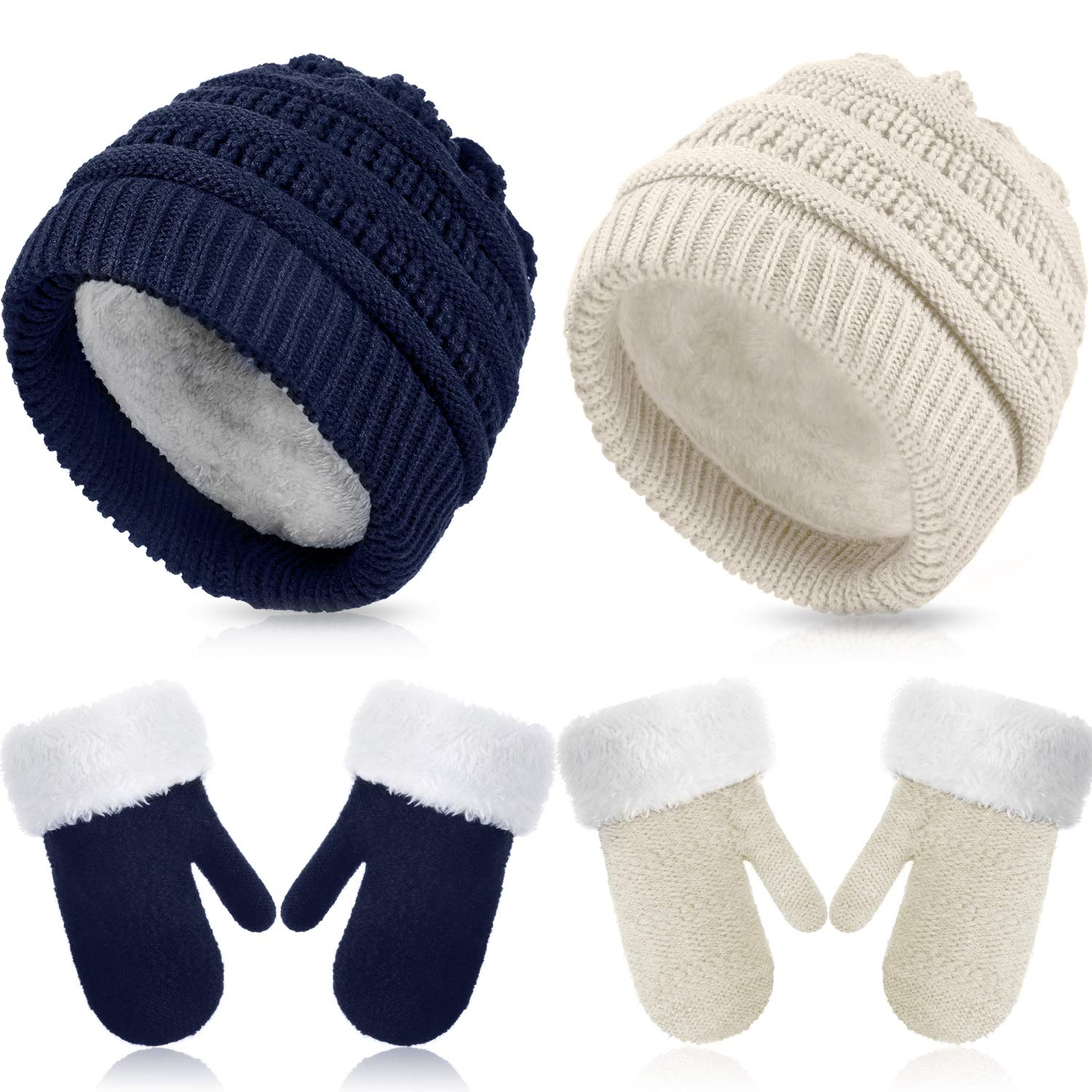 2 Sets Baby Warm Winter Hat and Mitten Gloves Set for Kids Toddler Children Knit Beanie Hat Gloves for Girls Boys(Navy, White,1-3 Years)