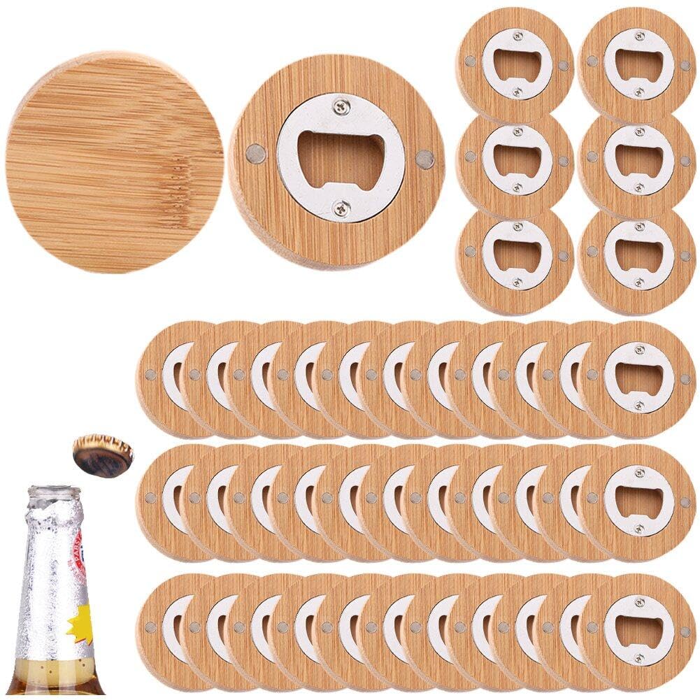 Lpitoy 40 Pcs Magnetic Bottle Opener, Wooden Round Bottle Opener, Beer Can Opener, Personalized Bottle Opener Fridge Magnets