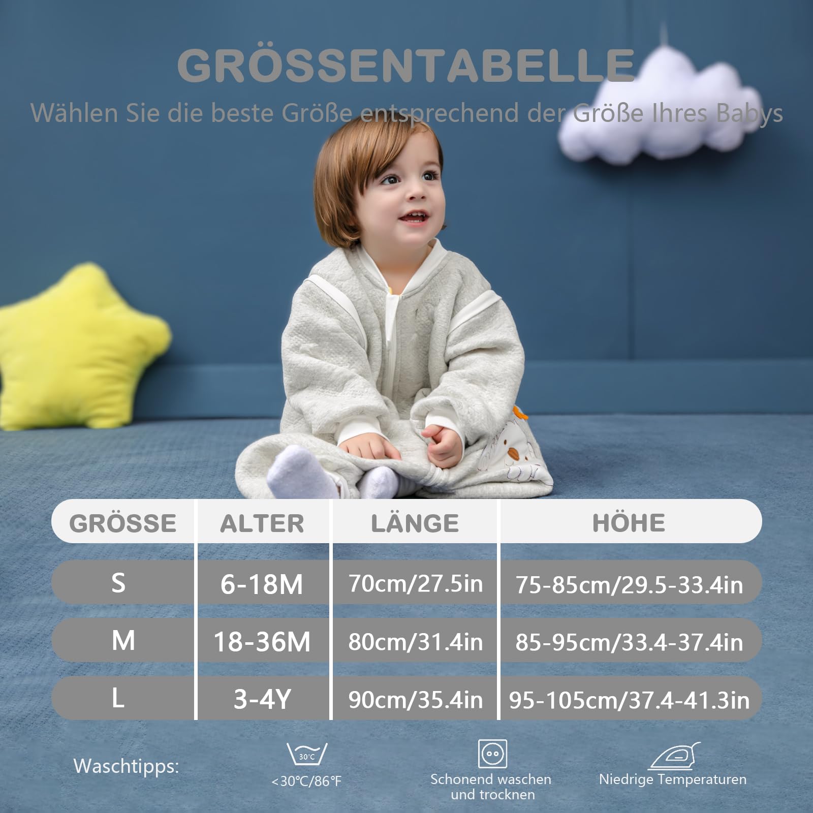 Baby Schläfsack Langarm mit Füßen 2.0Tog, Baumwolle Junge Mädchen Unisex ganzjahres Schlafanzug, Blauer Welpe,70/Baby Höhe 75-85cm