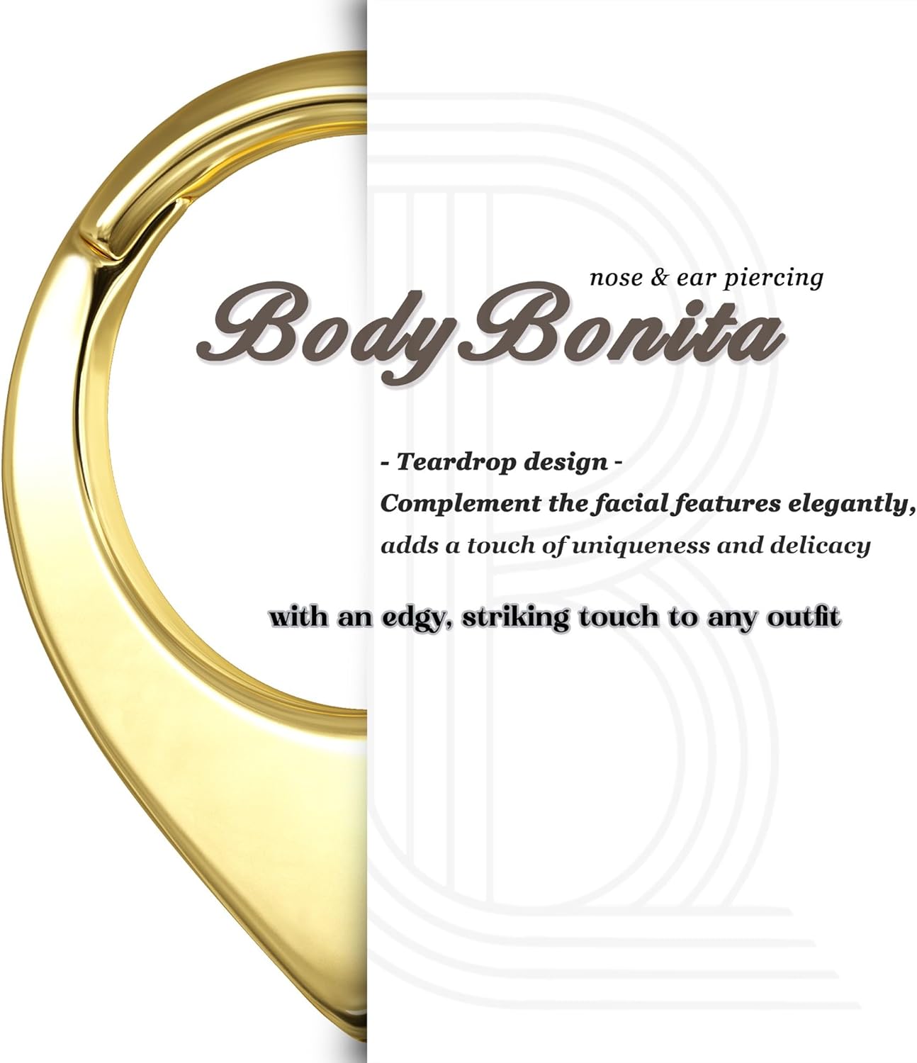 BodyBonita 16G Teardrop Septum Rings - G23 Titanium Nose Rings Hoops Seamless Hinged Cartilage Conch Daith Helix Rook Piercings Septum Jewelry for Women Men Gold Plated/Silver/Black/Rose Gold Plated - Image 6