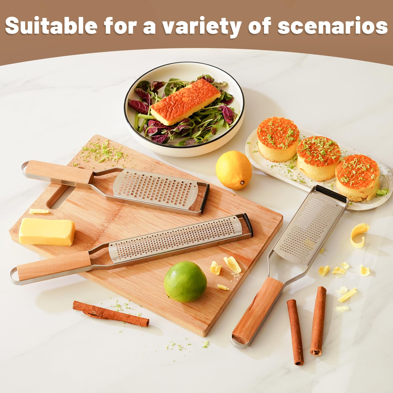 SHIKORI Ralladores de queso profesionales de acero inoxidable para cocina, rallador de limón de metal con mango de madera para queso, chocolate, especias, utensilios de cocina y herramientas, agujero