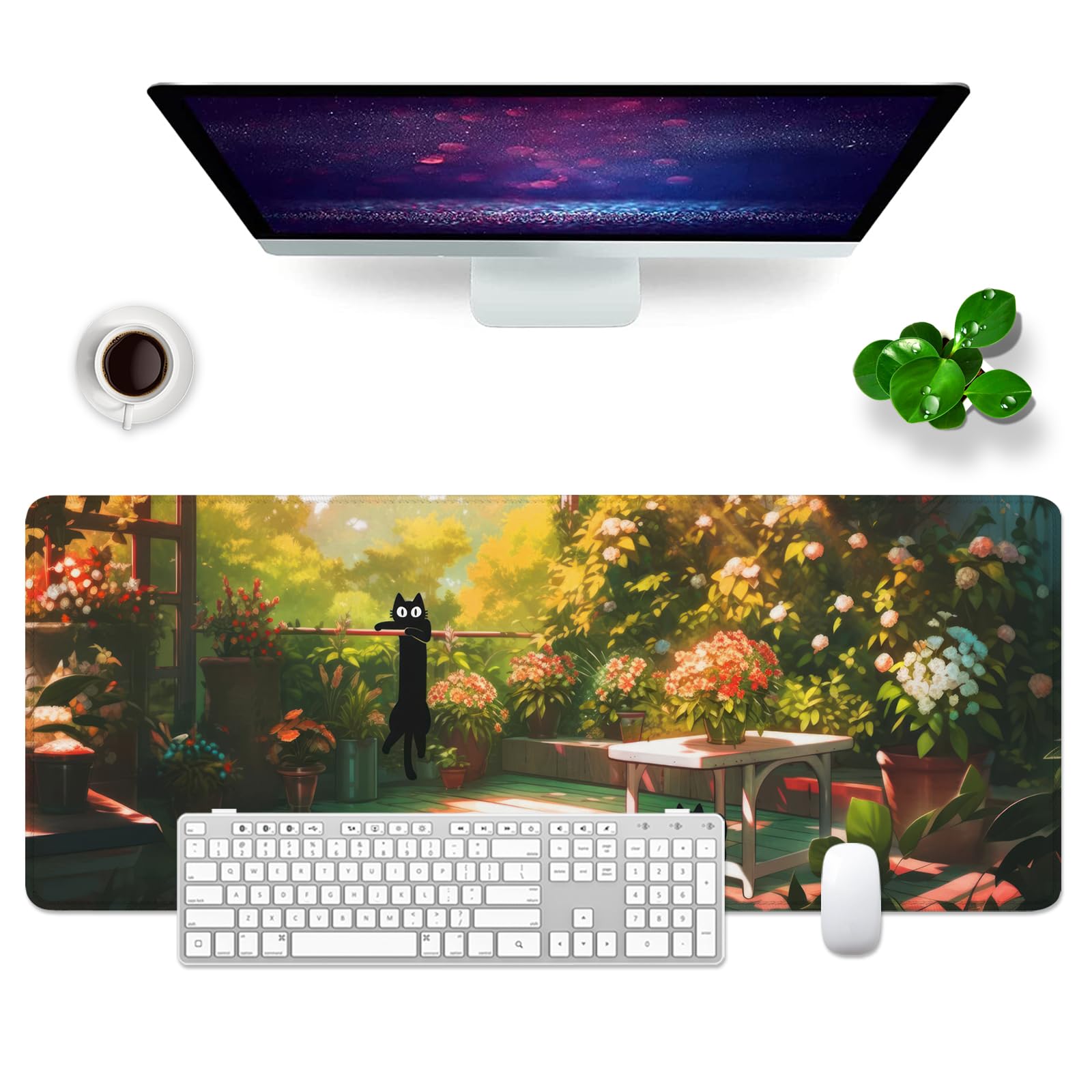 Mauspad Katzen Schreibtischunterlage Kawai 80x30cm Blumenhaus Mousepad XL Groß Mauspad Süß, Computer PC Tastatur Mousepad Groß Desk Pad & Desk Mat XL (Katze und Blumen-1)