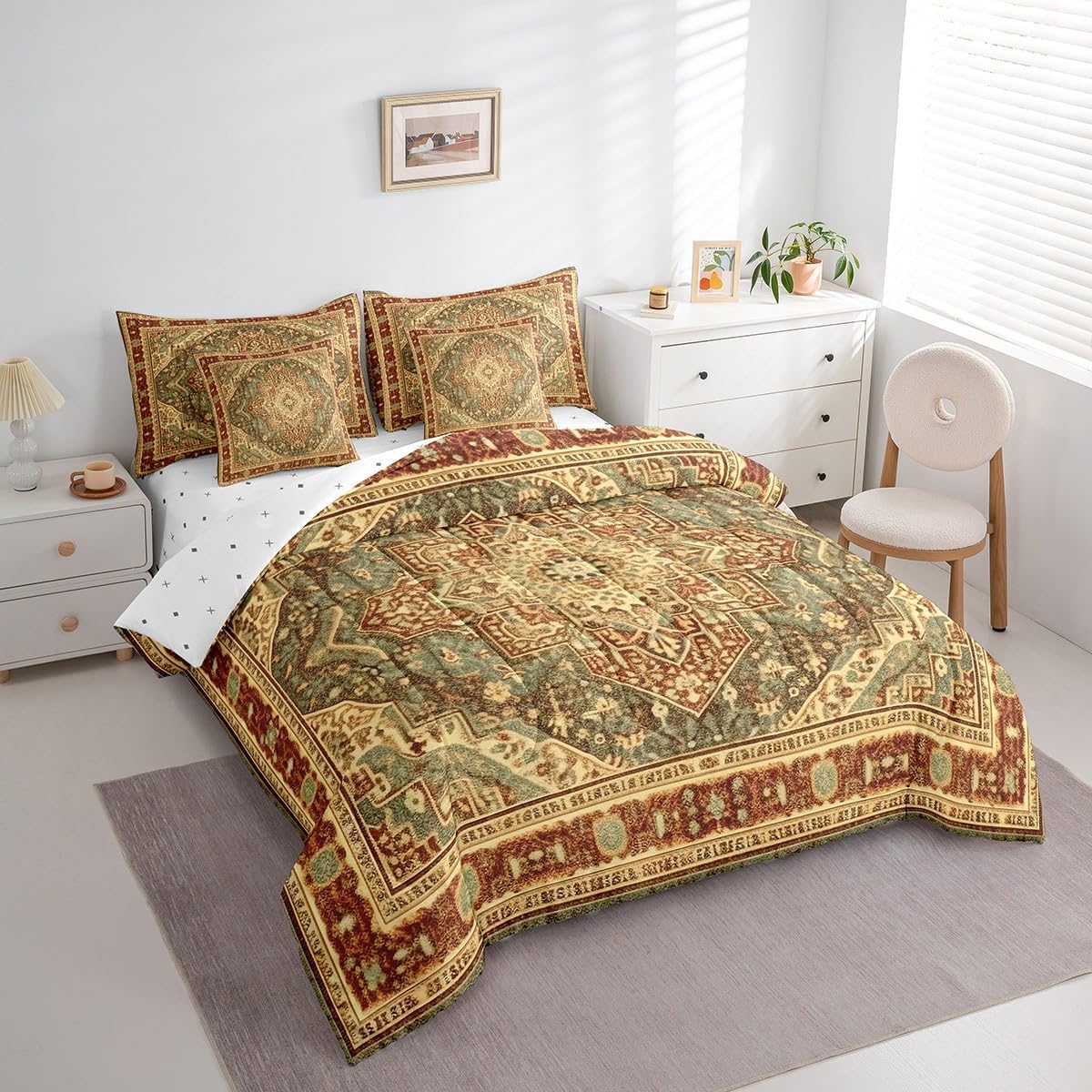 Vintage Bed in a Bag Terracotta Art Deco Bedding Set, Retro Bohemian Queen Comforter Set 7pcs Oriental Medallion Bedding Comforter Sets, Tribal Paisley Bed Sheets Set Women Girls Aesthetic Room Decor