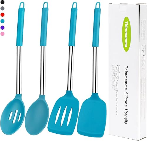 Juego de Cucharas Espátula de Silicona, 4 Piezas de Utensilios de Cocina de Silicona Juego de Cucharas Espátula con Mango de Acero Inoxidable,