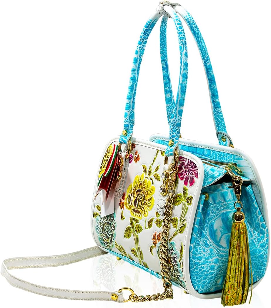 Designer Handbag Purse for Women Alabaster Peonies Floral Handpainted Tote Italian Leather Top Handle Bag