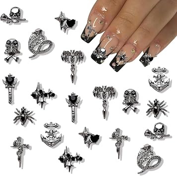 20pcs Alloy Skull Nail Charms Halloween Nail Charms for Acrylic Nails 3D Metallic Star Spider Nail Rhinestones with Gems Goth Dark Snake Cross Nail Jewelry for Women Girls Nail Supplies Decoration