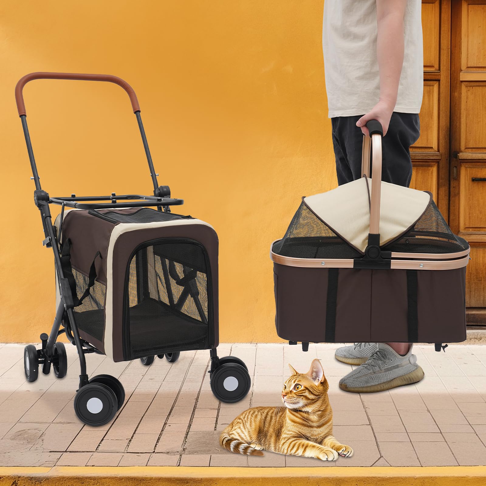 Carrito para Perros de 2 Niveles, Plegable, 35 kg, 2 Transportines Café