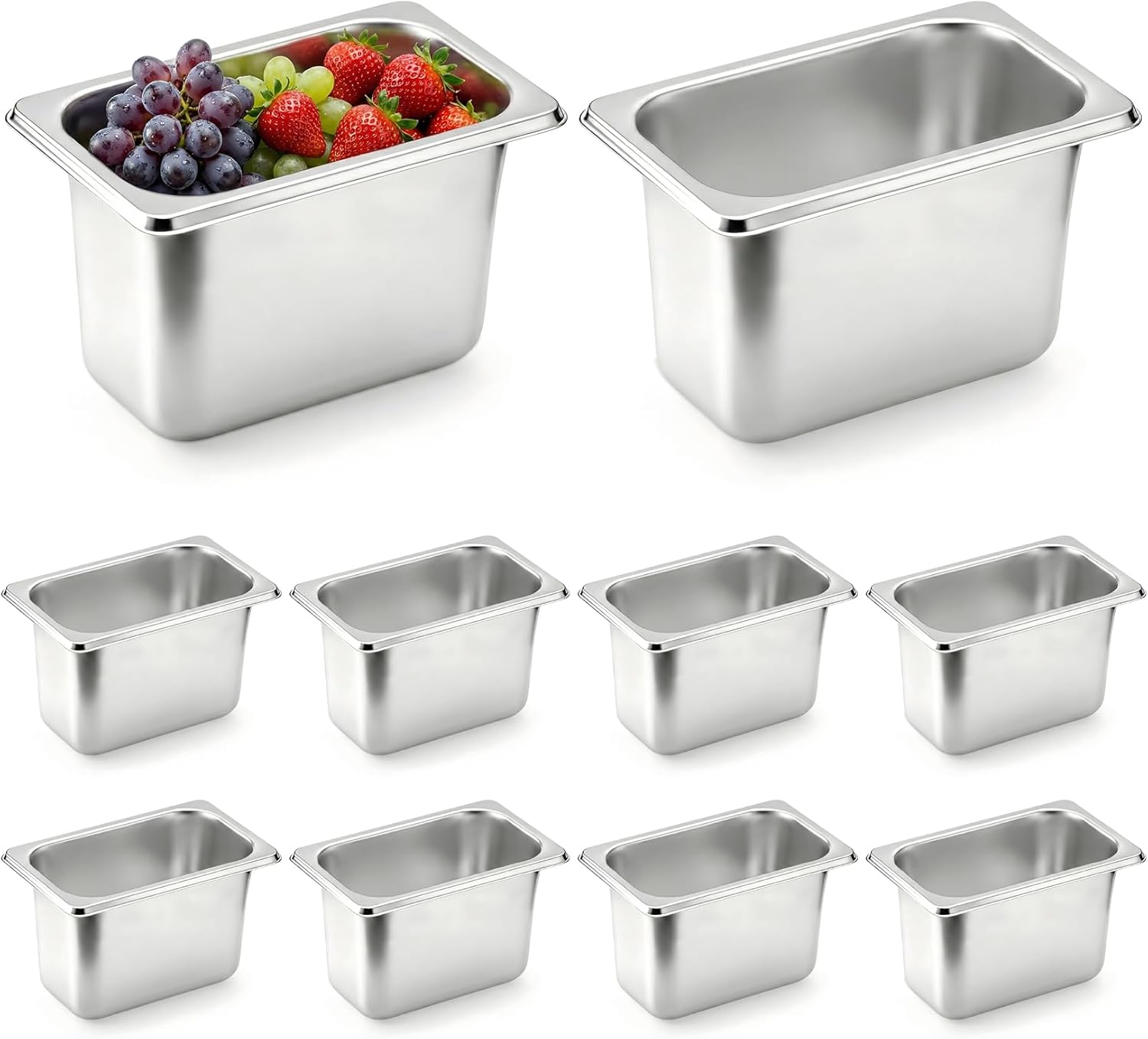 10 Pack Hotel Pans, 1/9 Size 4 Inch Deep Stainless Steel Steam Table Pan Commercial Metal Food Warmer Restaurant Catering Tray for Hotel, Home, Party, Restaurant, Buffet