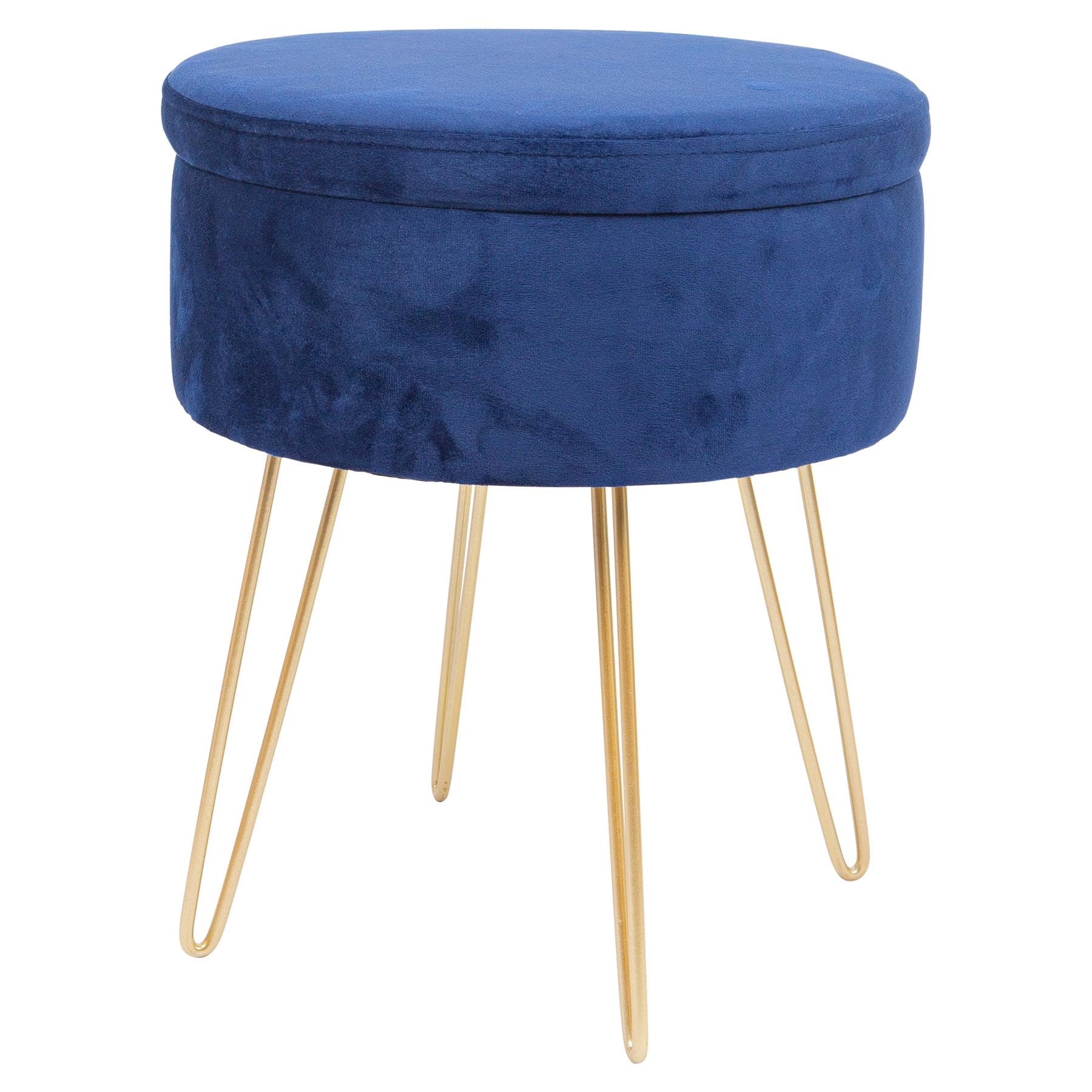 Harbour Housewares Velvet Round Foot Stool with Storage - Blue with Gold Legs - Modern Dressing Table Pouffe Footstool Vanity Seats Vanity Chairs Footstools for Living Room, Bedroom